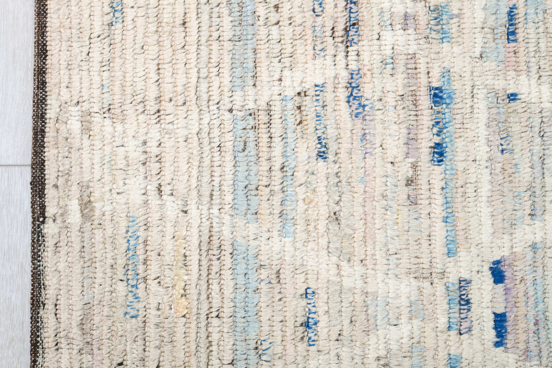 11' x 14' one-of-a-kind handmade vintage Tulu oversize rug. Color palette: ivory, sky blue, charcoal, taupe, slate, cream