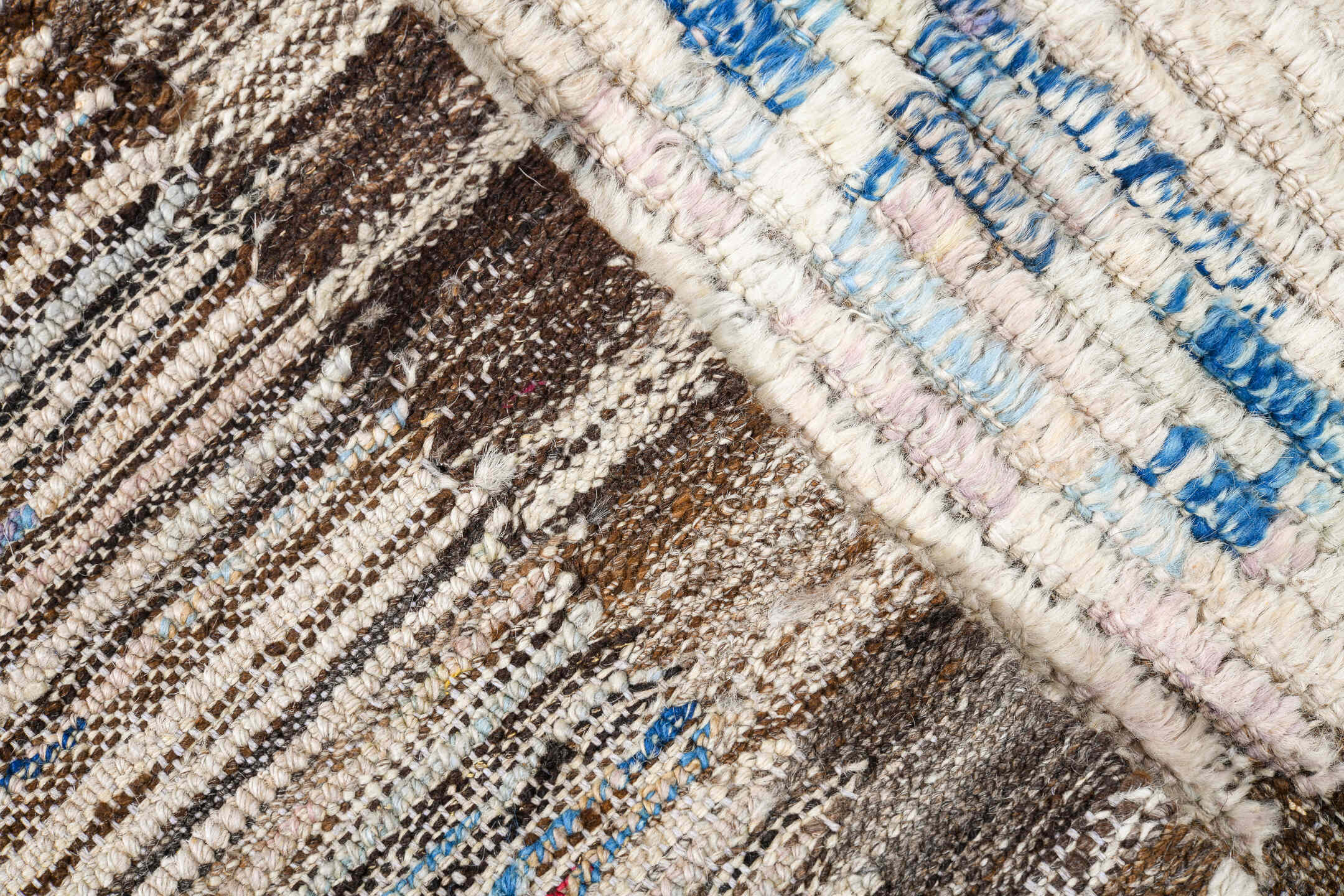 11' x 14' one-of-a-kind handmade vintage Tulu oversize rug. Color palette: beige, blue, brown, gray, light blue, light gray