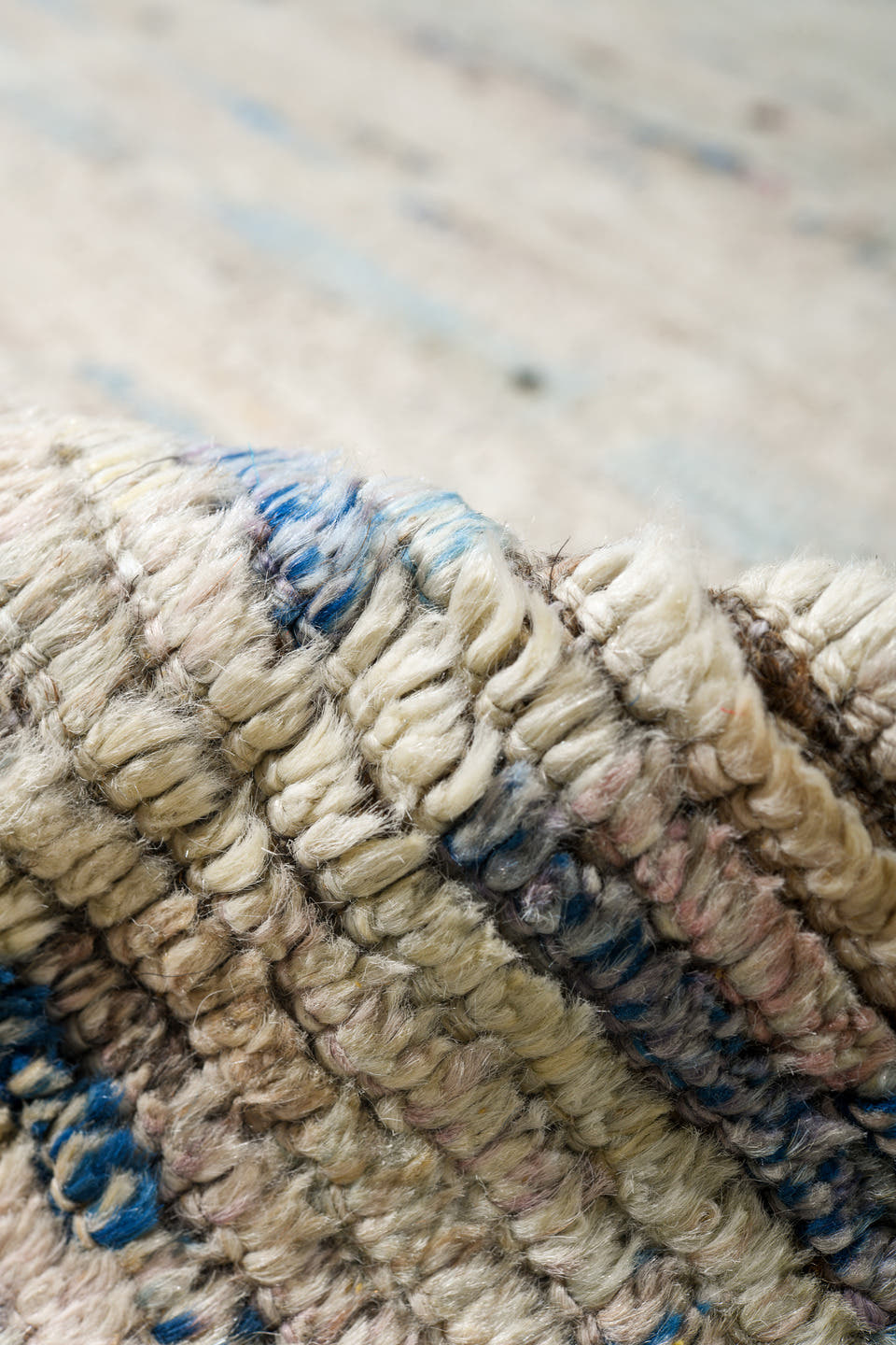 11' x 14' one-of-a-kind handmade vintage Tulu oversize rug. Color palette: ivory, sky blue, charcoal, taupe, slate, cream