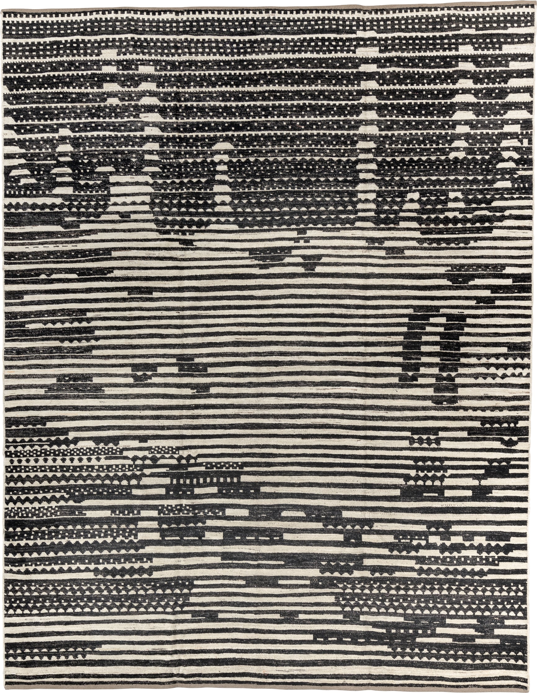 9' x 11' one-of-a-kind handmade vintage Tulu large size rug. Color palette: ivory, charcoal, black, taupe, gray, beige
