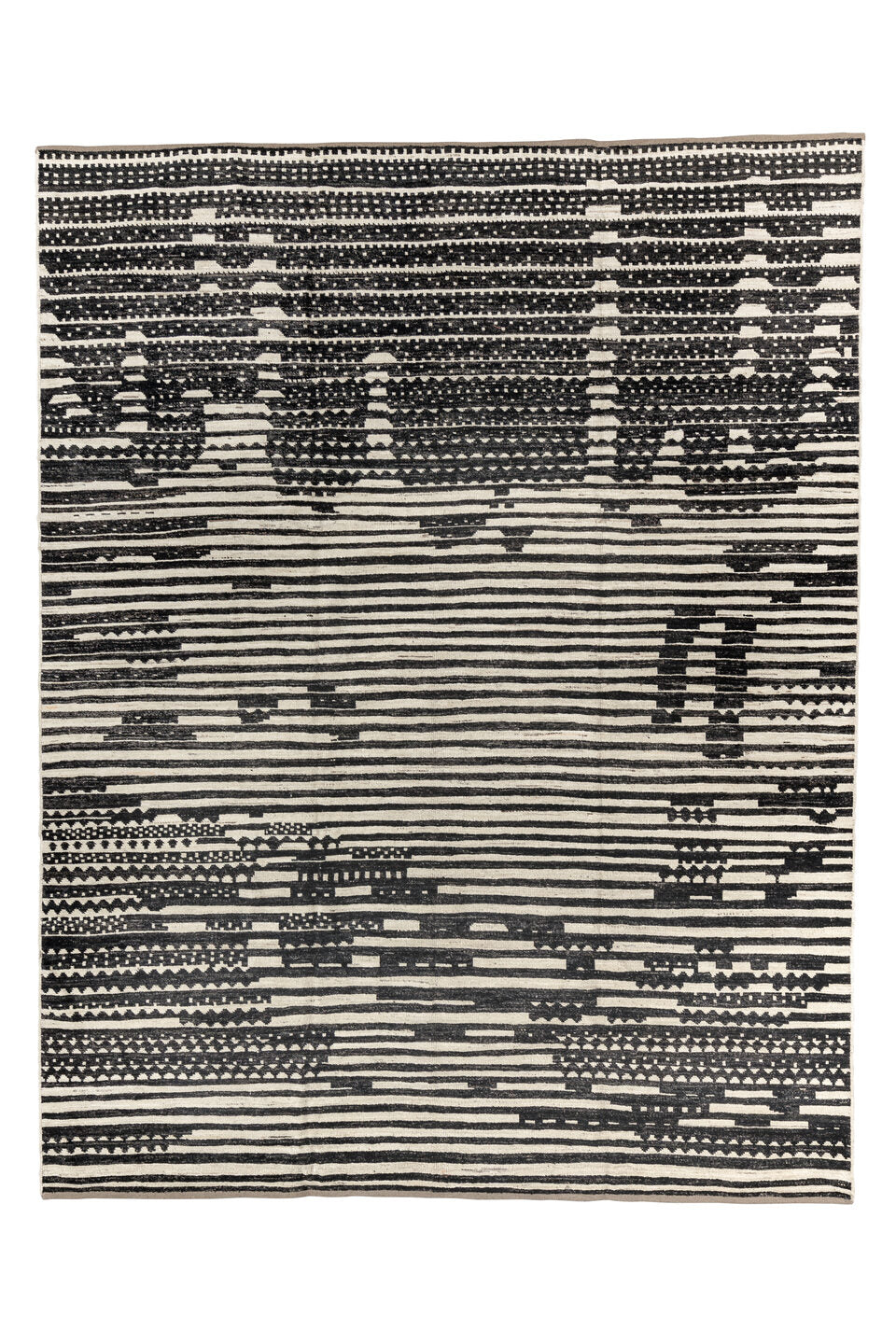 9' x 11' one-of-a-kind handmade vintage Tulu large size rug. Color palette: black, blue, charcoal, dark gray, dim gray