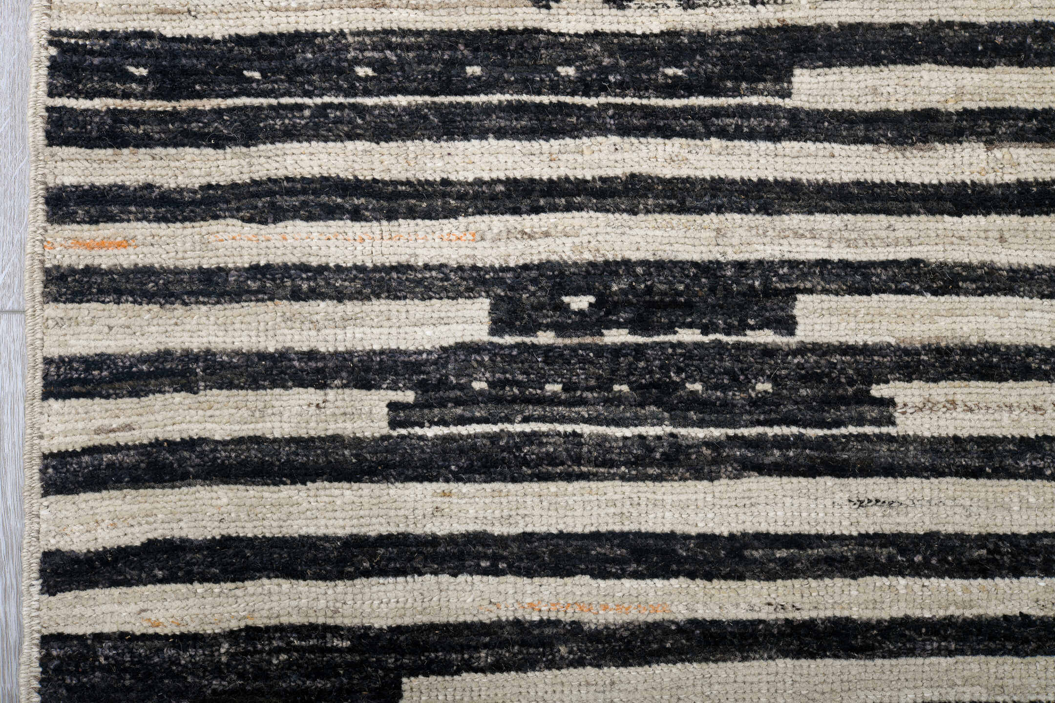 9' x 11' one-of-a-kind handmade vintage Tulu large size rug. Color palette: ivory, charcoal, black, taupe, gray, beige