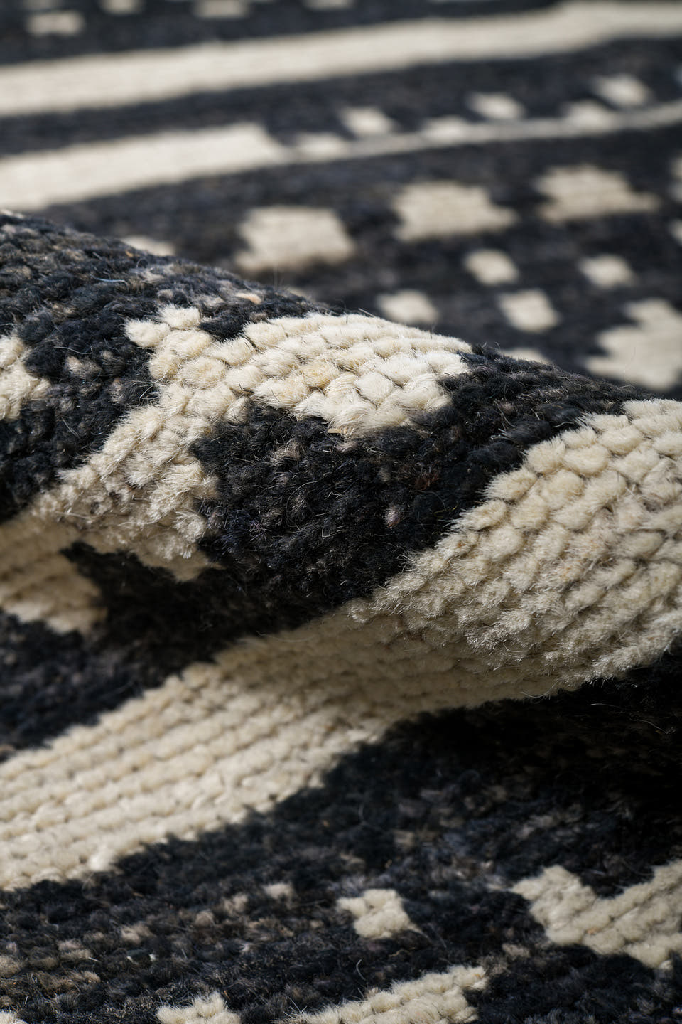 9' x 11' one-of-a-kind handmade vintage Tulu large size rug. Color palette: ivory, charcoal, black, taupe, gray, beige