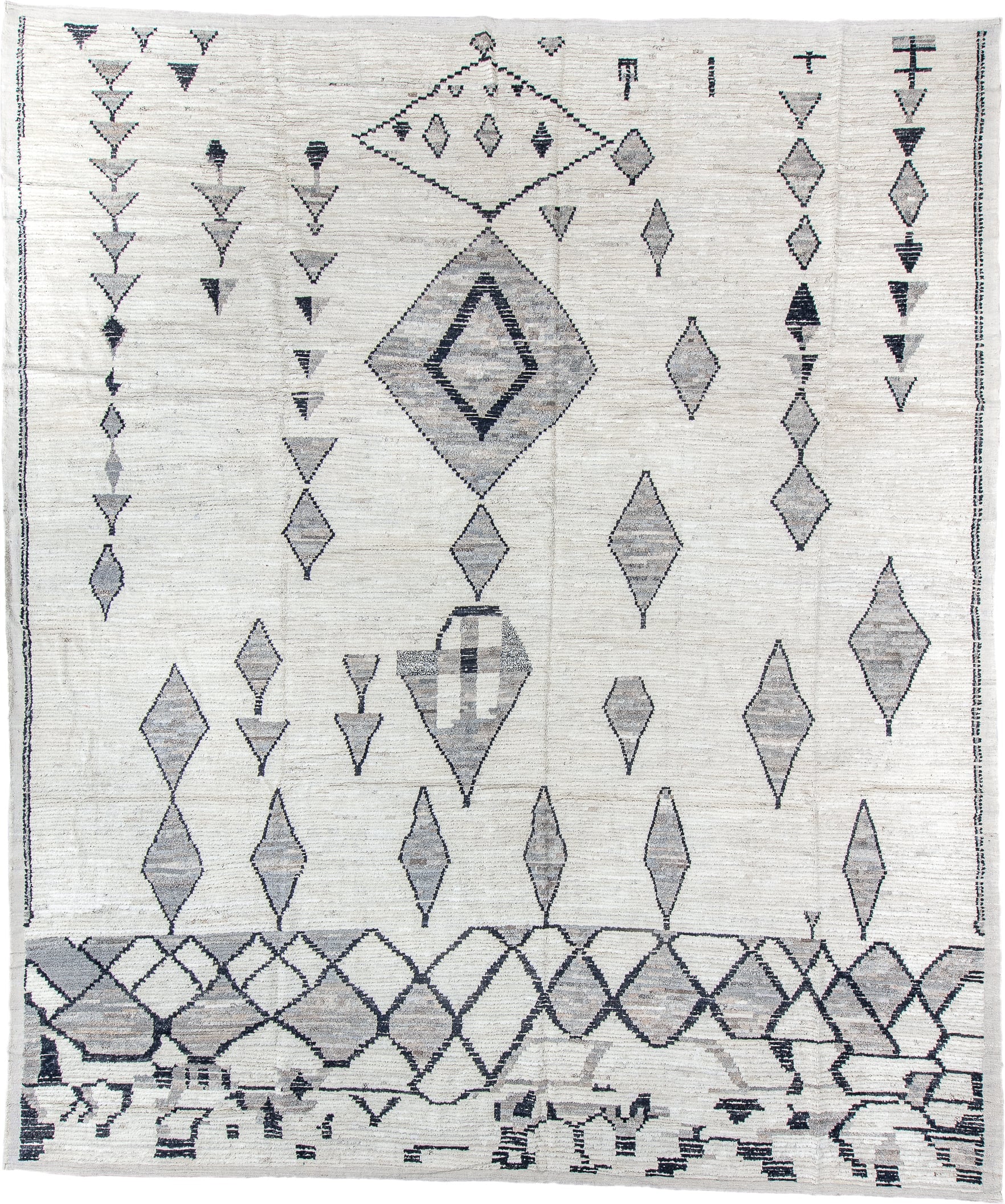 12' x 14' one-of-a-kind handmade vintage Tulu oversize rug. Color palette: ivory, charcoal, gray, black