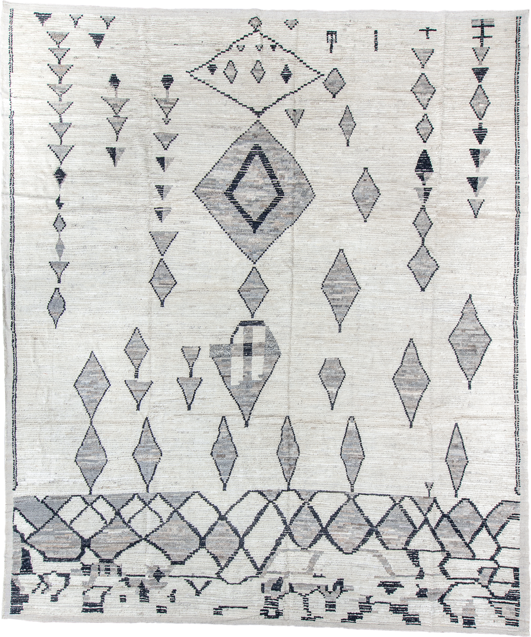 12' x 14' one-of-a-kind handmade vintage Tulu oversize rug. Color palette: ivory, charcoal, gray, black