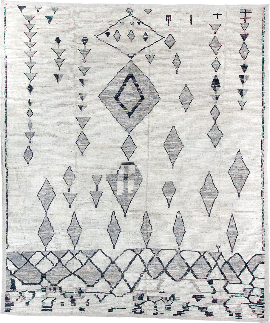12' x 14' one-of-a-kind handmade vintage Tulu oversize rug. Color palette: ivory, charcoal, gray, black
