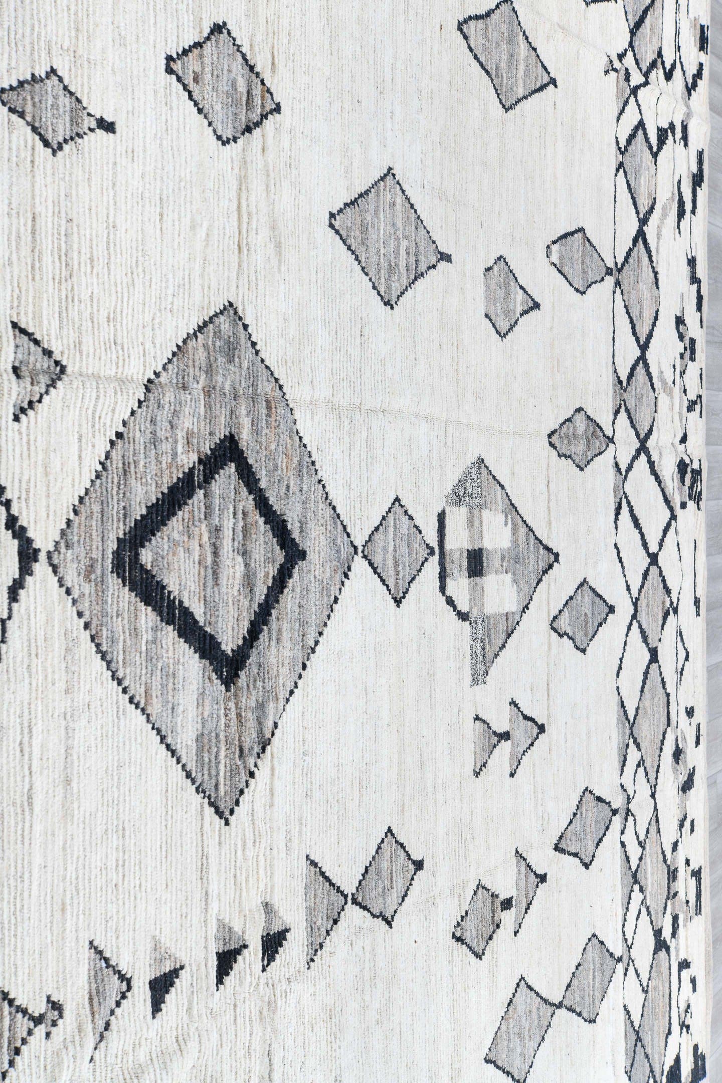 12' x 14' one-of-a-kind handmade vintage Tulu oversize rug. Color palette: ivory, charcoal, gray, black