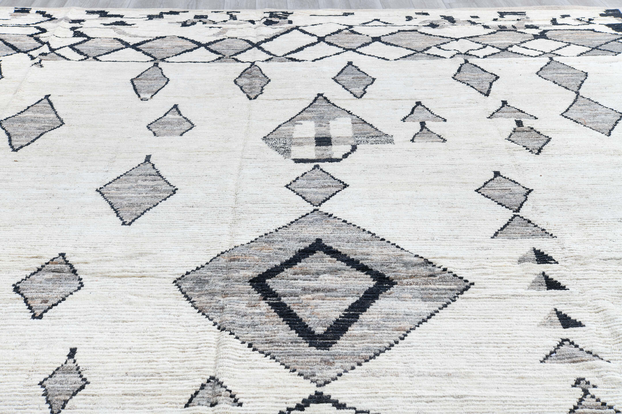 12' x 14' one-of-a-kind handmade vintage Tulu oversize rug. Color palette: alice blue, azure, black, blue, dark gray