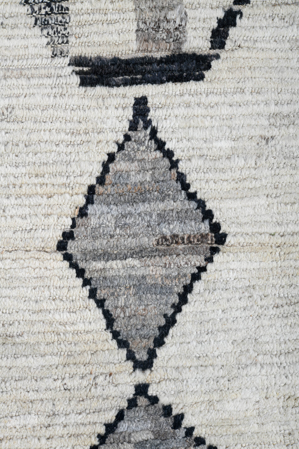 12' x 14' one-of-a-kind handmade vintage Tulu oversize rug. Color palette: ivory, charcoal, gray, black