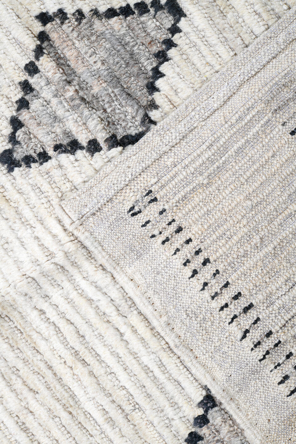 12' x 14' one-of-a-kind handmade vintage Tulu oversize rug. Color palette: ivory, charcoal, gray, black