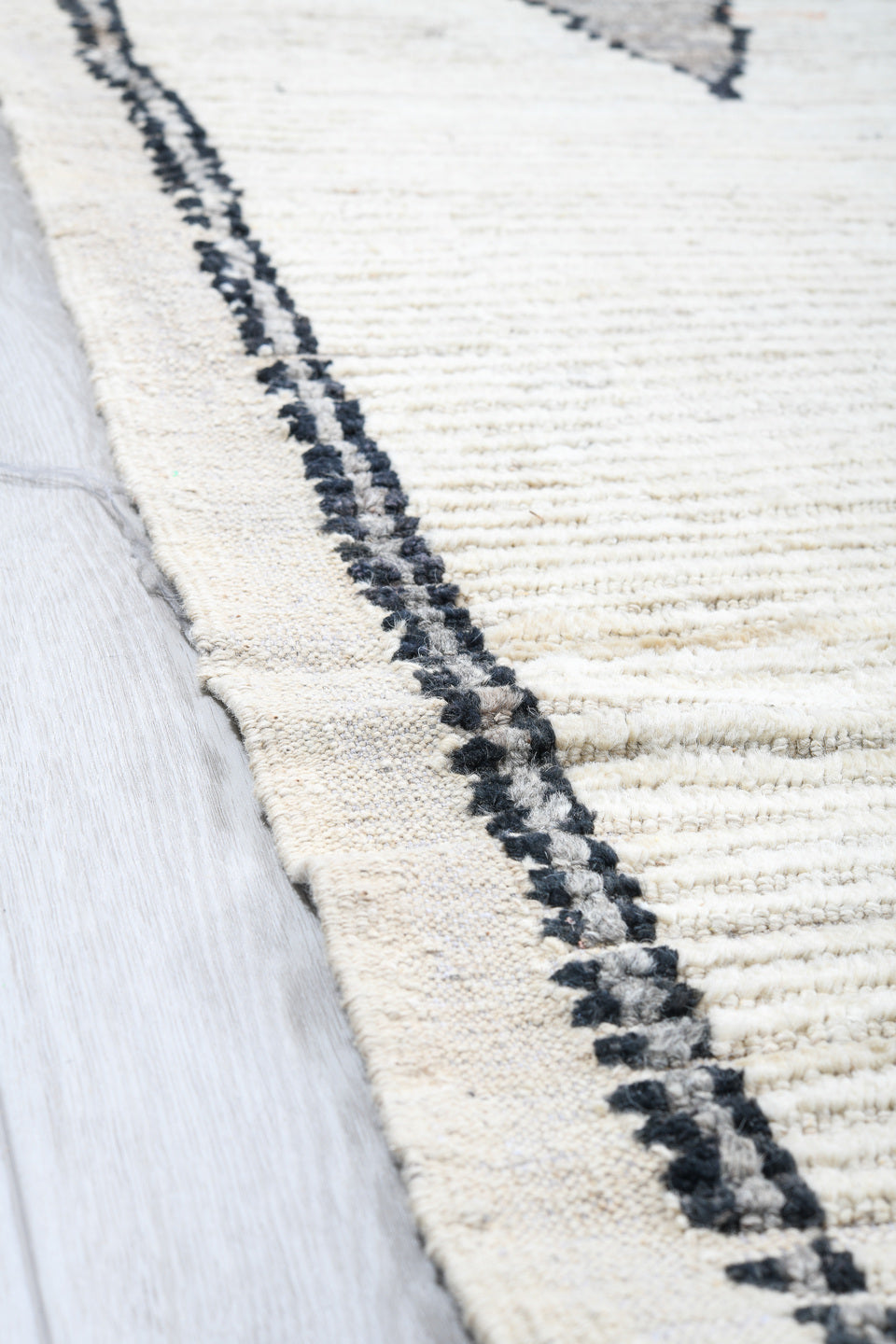 12' x 14' one-of-a-kind handmade vintage Tulu oversize rug. Color palette: ivory, charcoal, gray, black