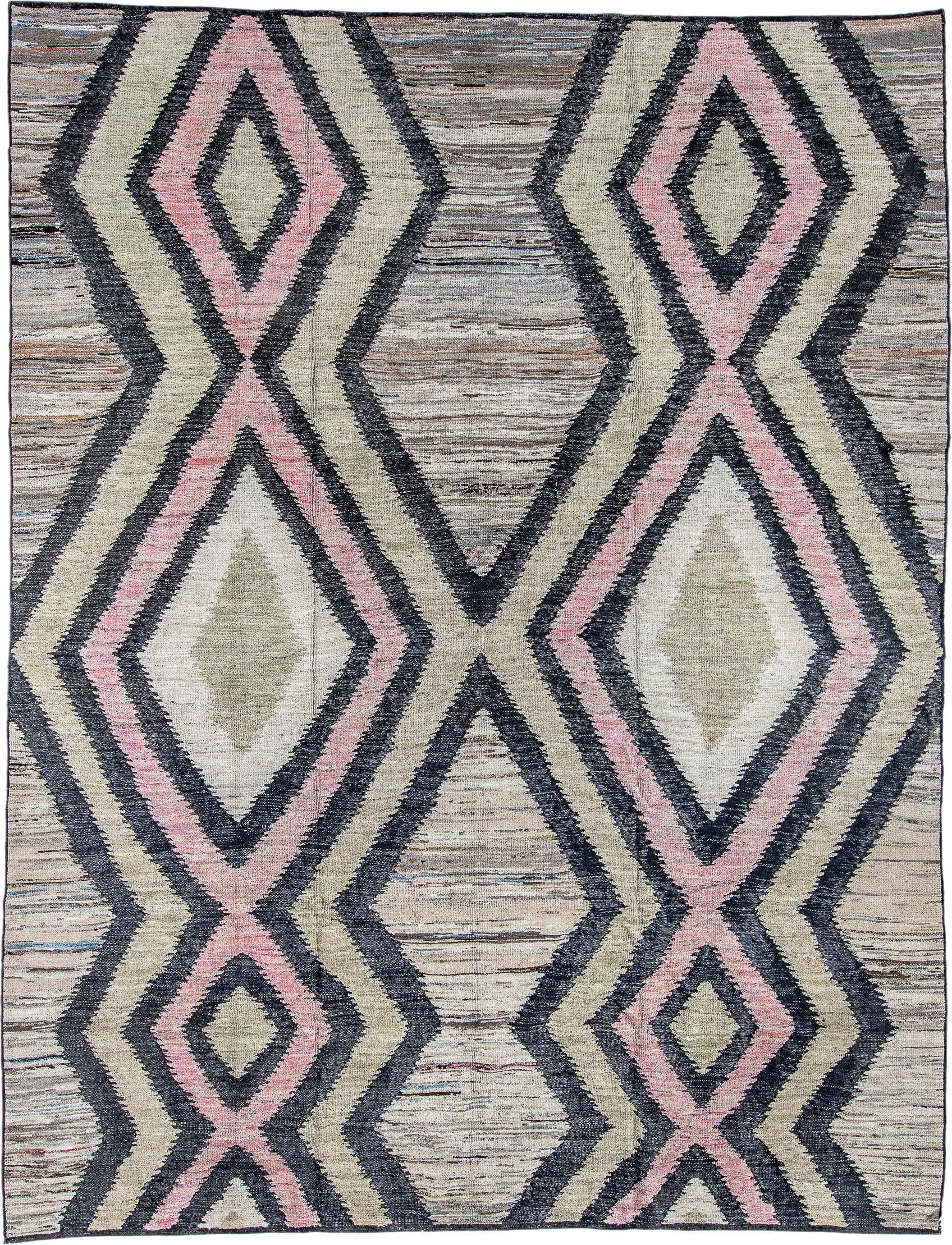 9' x 12' one-of-a-kind handmade vintage Tulu large size rug. Color palette: ivory, charcoal, blush, taupe, gray, black, pink
