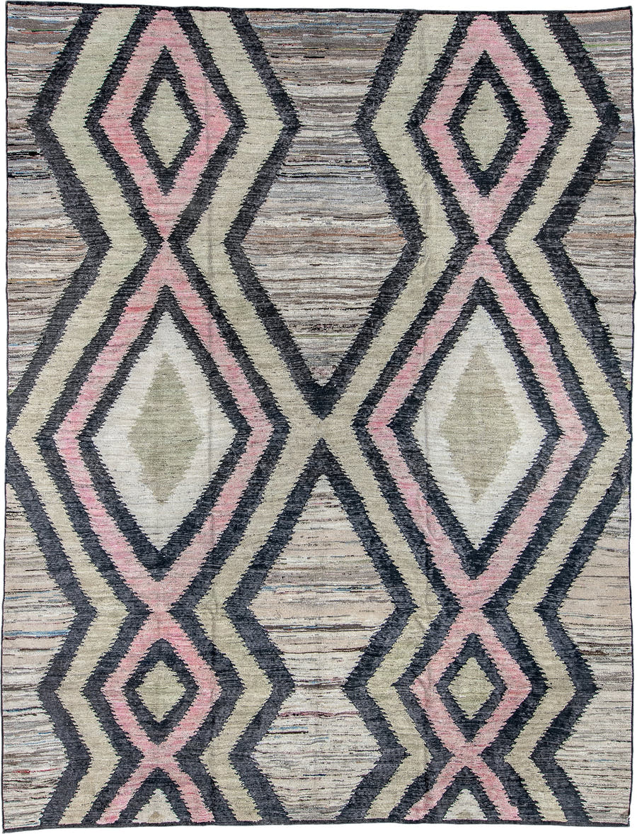 9' x 12' one-of-a-kind handmade vintage Tulu large size rug. Color palette: ivory, charcoal, blush, taupe, gray, black, pink