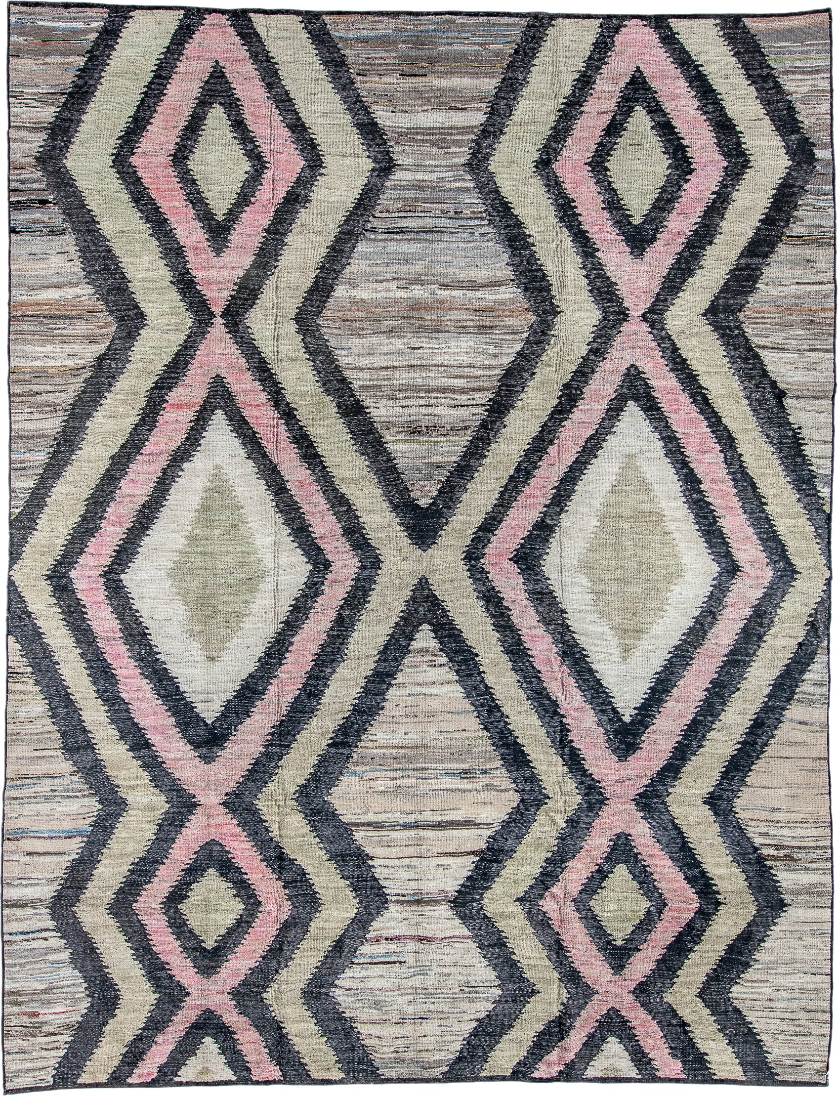 9' x 12' one-of-a-kind handmade vintage Tulu large size rug. Color palette: ivory, charcoal, blush, taupe, gray, black, pink