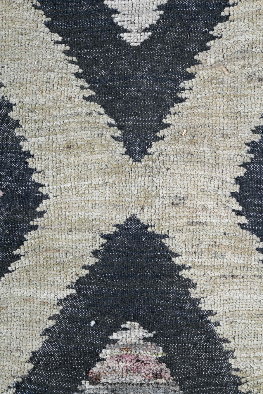 9' x 12' one-of-a-kind handmade vintage Tulu large size rug. Color palette: ivory, charcoal, blush, taupe, gray, black, pink
