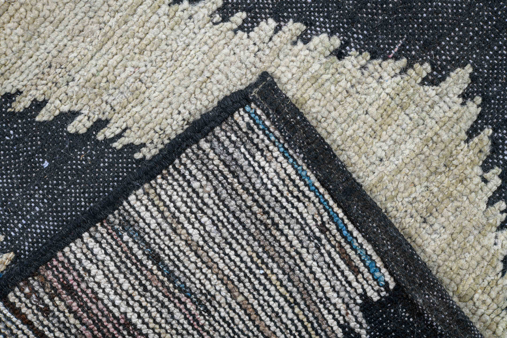 9' x 12' one-of-a-kind handmade vintage Tulu large size rug. Color palette: ivory, charcoal, blush, taupe, gray, black, pink