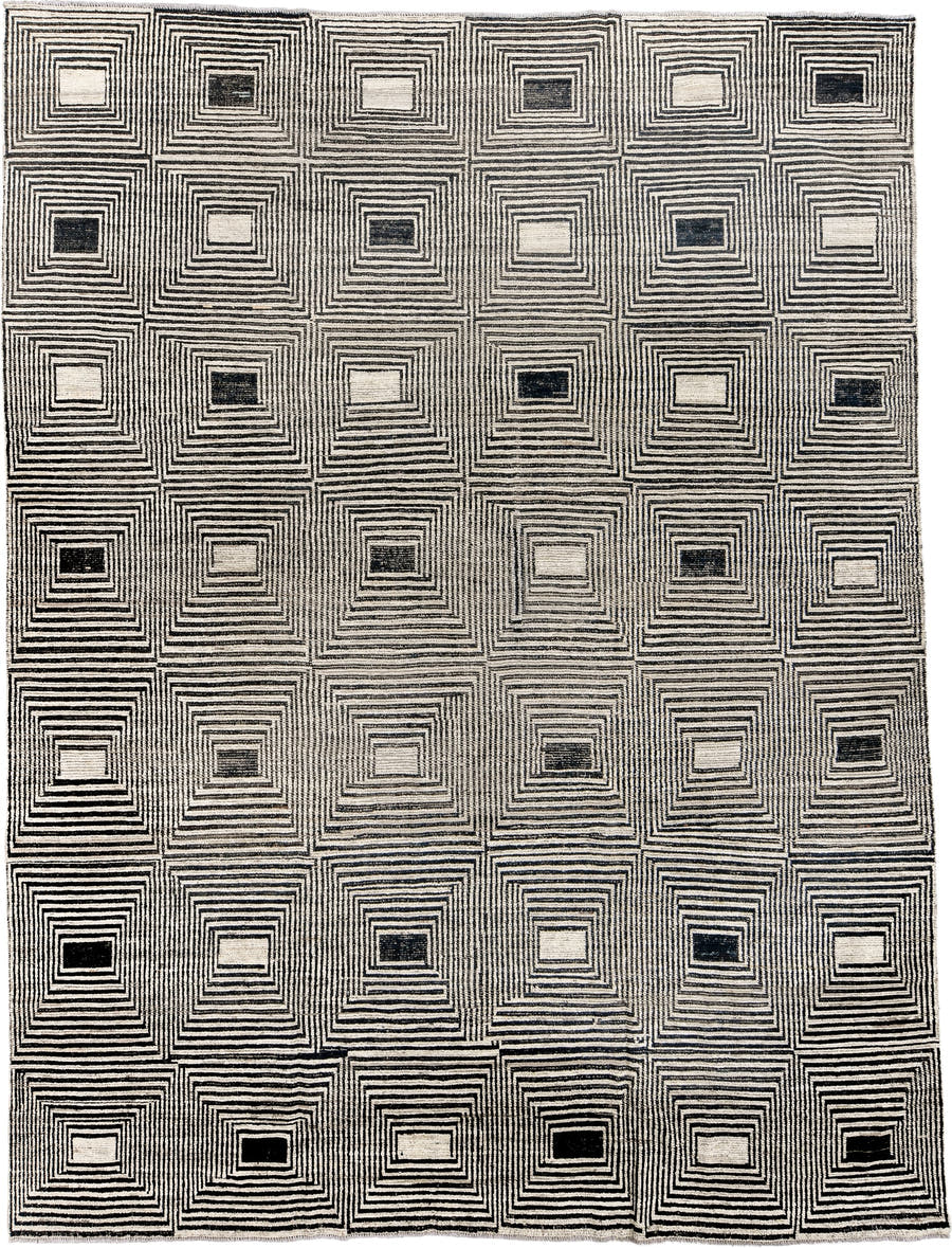10' x 13' one-of-a-kind handmade vintage Tulu large size rug. Color palette: ivory, charcoal, black, cream, taupe, gray