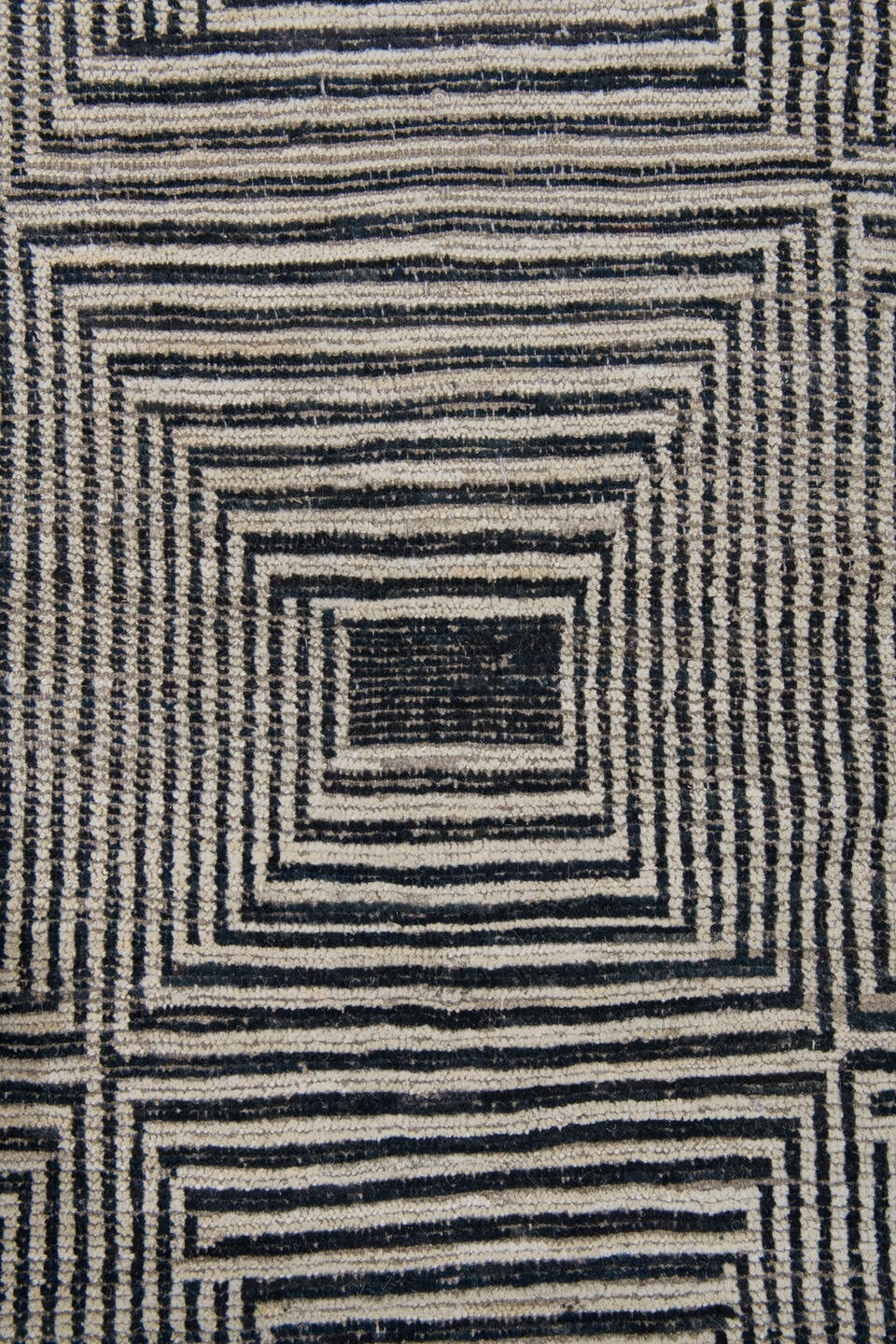 10' x 13' one-of-a-kind handmade vintage Tulu large size rug. Color palette: ivory, charcoal, black, cream, taupe, gray