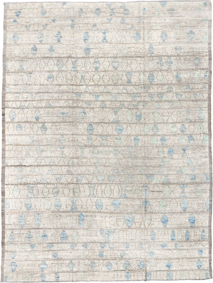 10' x 13' one-of-a-kind handmade vintage Tulu large size rug. Color palette: ivory, taupe, sky_blue, pale_aqua, gray, beige