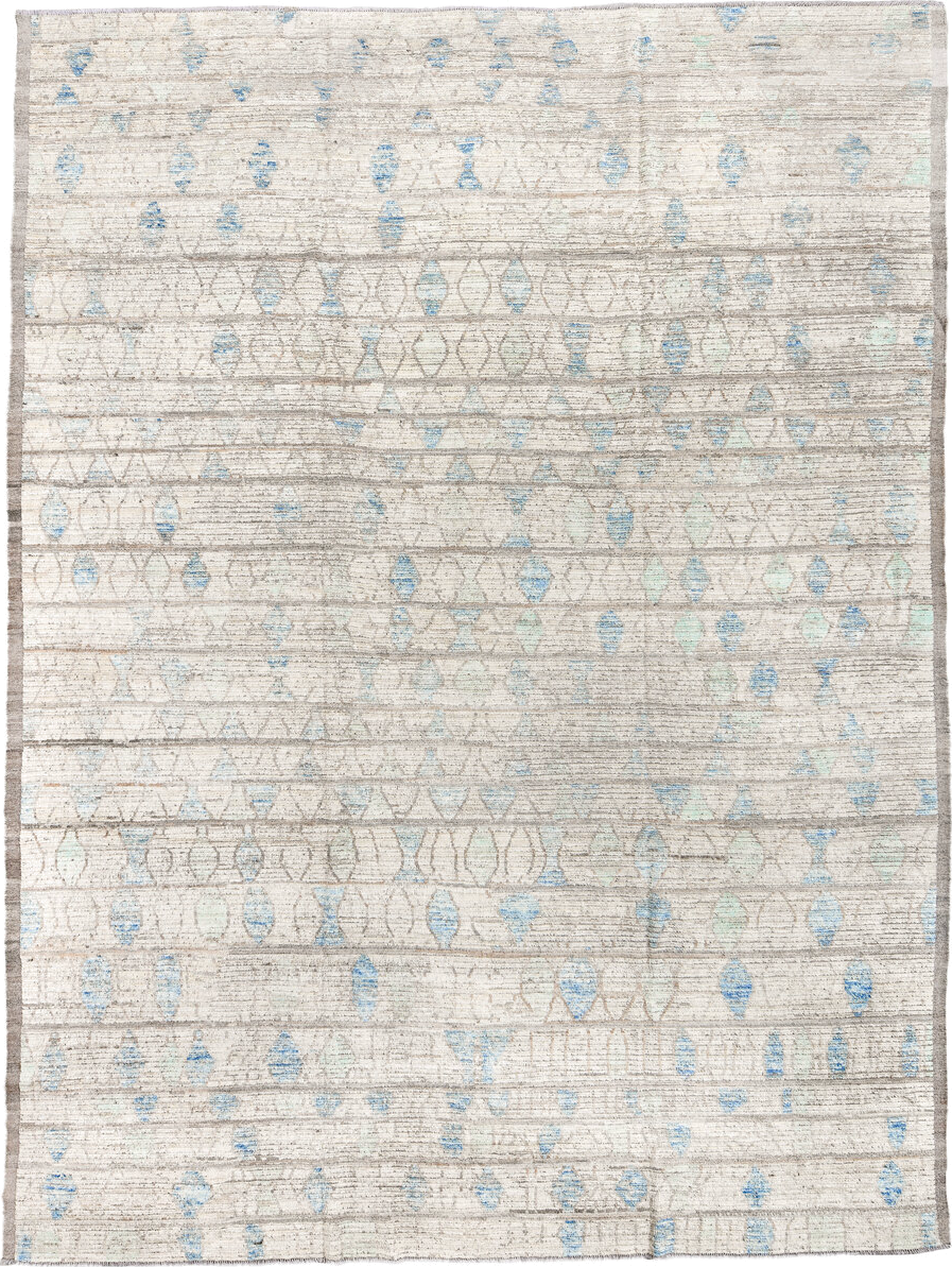 10' x 13' one-of-a-kind handmade vintage Tulu large size rug. Color palette: ivory, taupe, sky_blue, pale_aqua, gray, beige