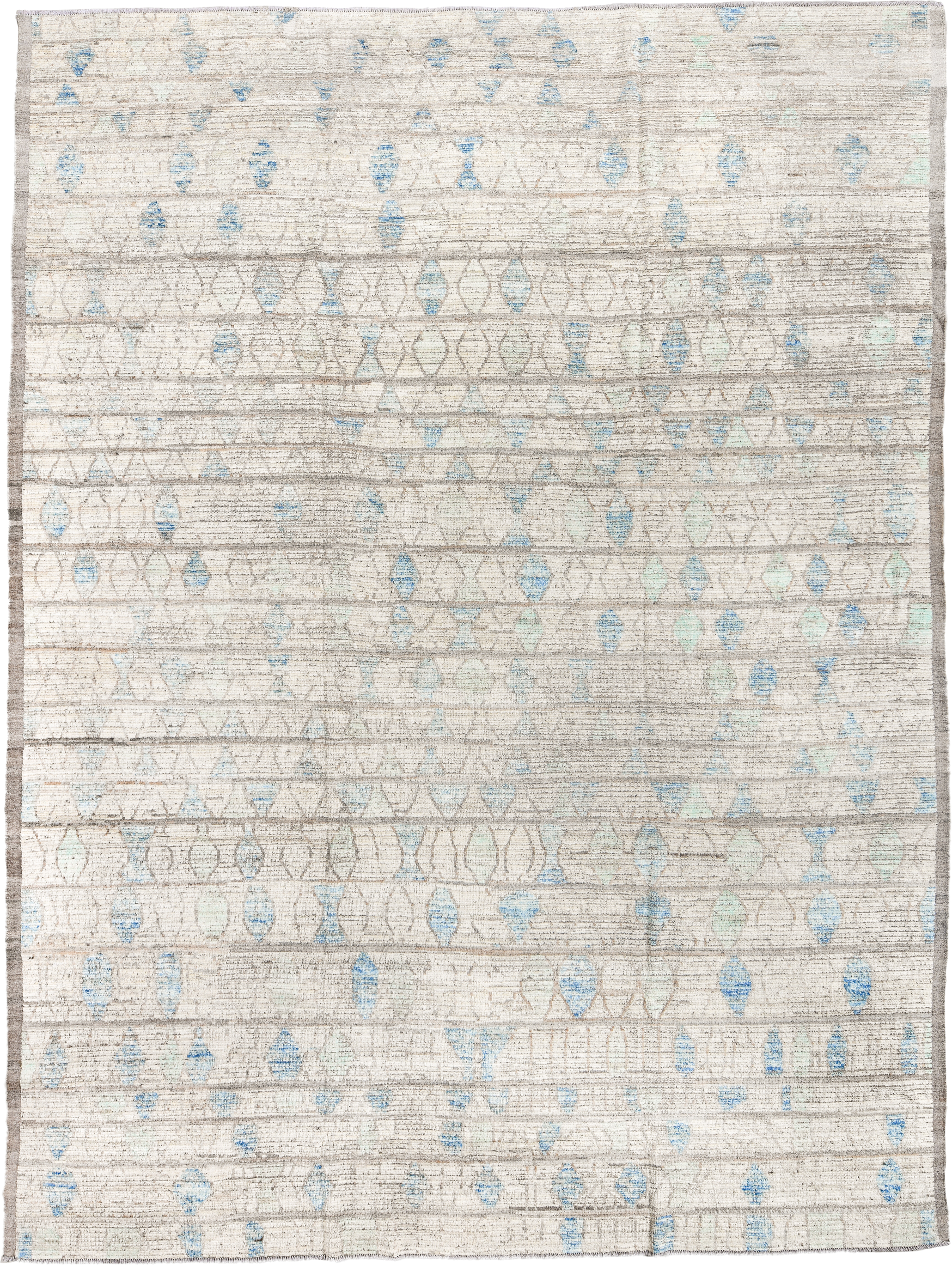 10' x 13' one-of-a-kind handmade vintage Tulu large size rug. Color palette: ivory, taupe, sky_blue, pale_aqua, gray, beige