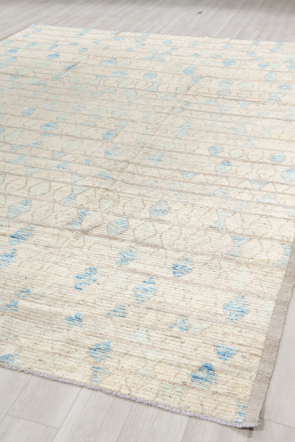 10' x 13' one-of-a-kind handmade vintage Tulu large size rug. Color palette: ivory, taupe, sky_blue, pale_aqua, gray, beige
