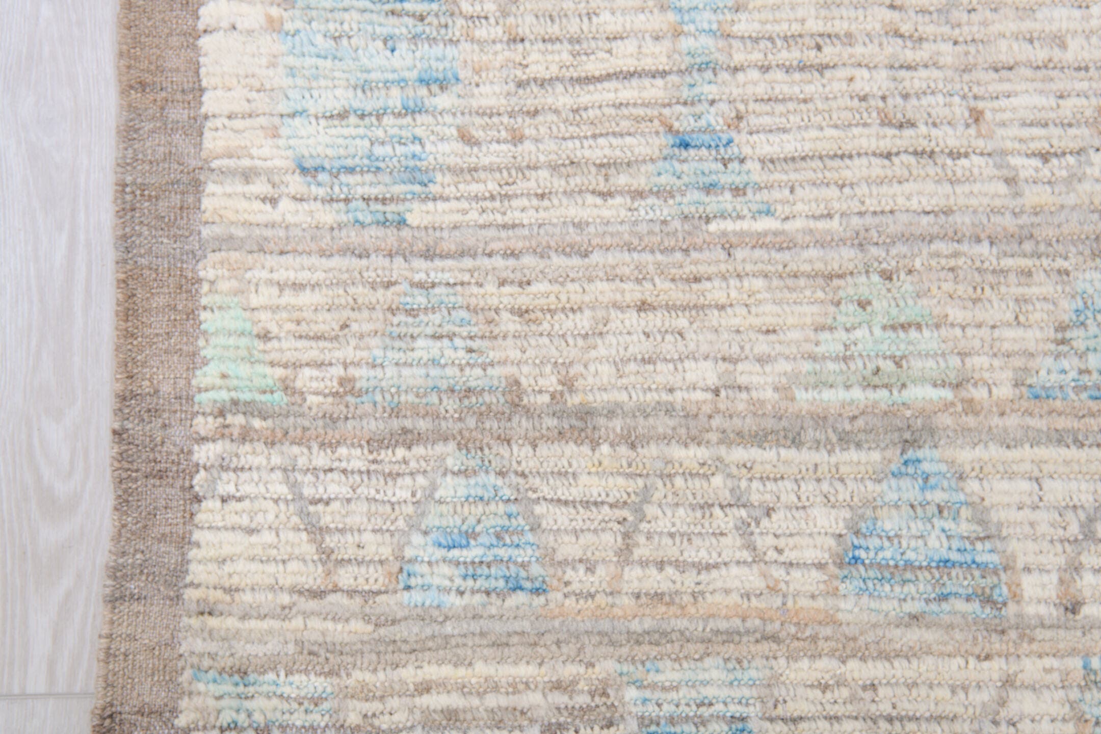 10' x 13' one-of-a-kind handmade vintage Tulu large size rug. Color palette: ivory, taupe, sky_blue, pale_aqua, gray, beige