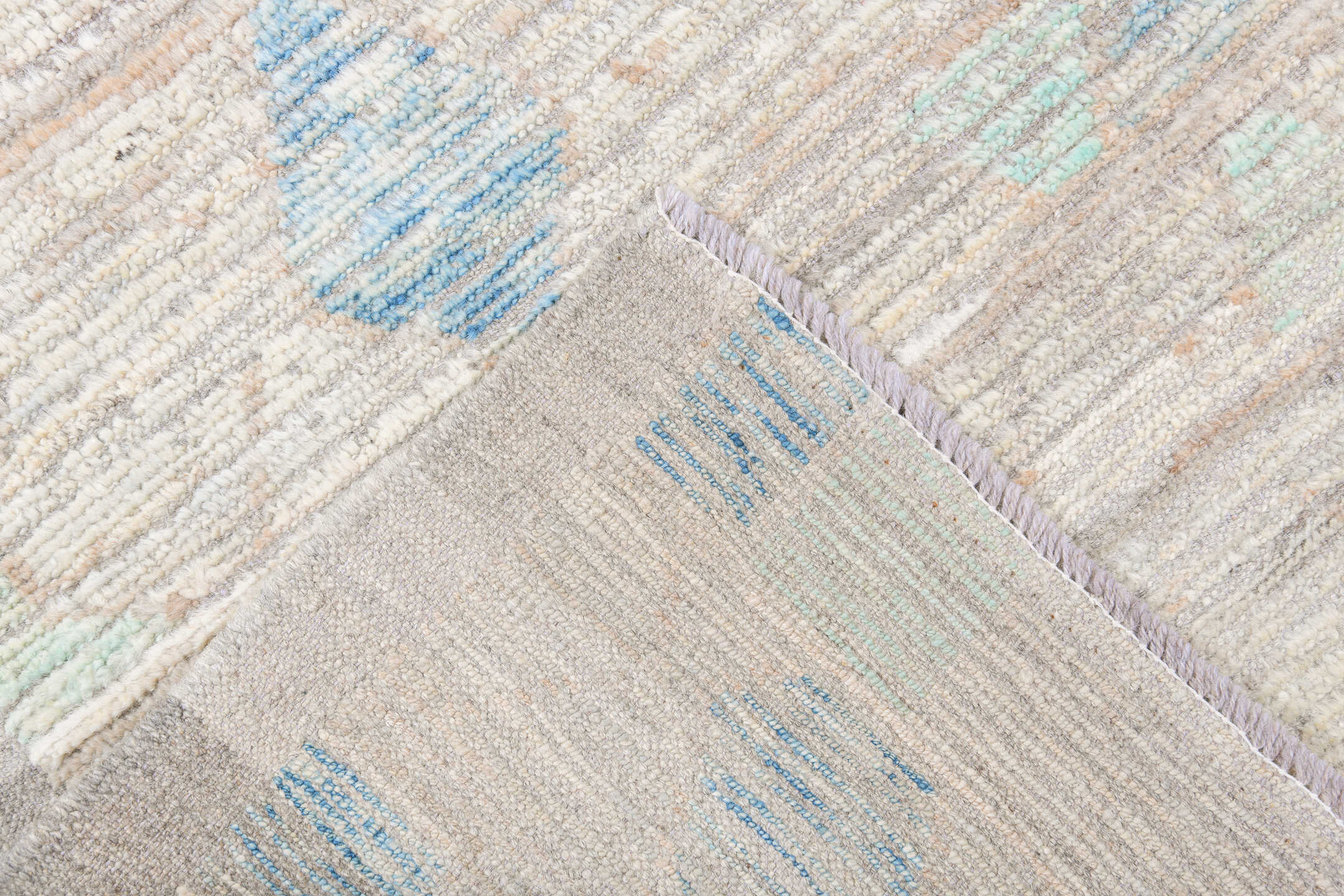 10' x 13' one-of-a-kind handmade vintage Tulu large size rug. Color palette: ivory, taupe, sky_blue, pale_aqua, gray, beige