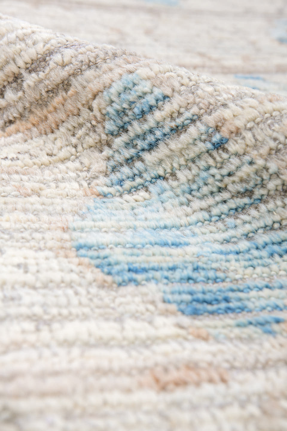 10' x 13' one-of-a-kind handmade vintage Tulu large size rug. Color palette: ivory, taupe, sky_blue, pale_aqua, gray, beige