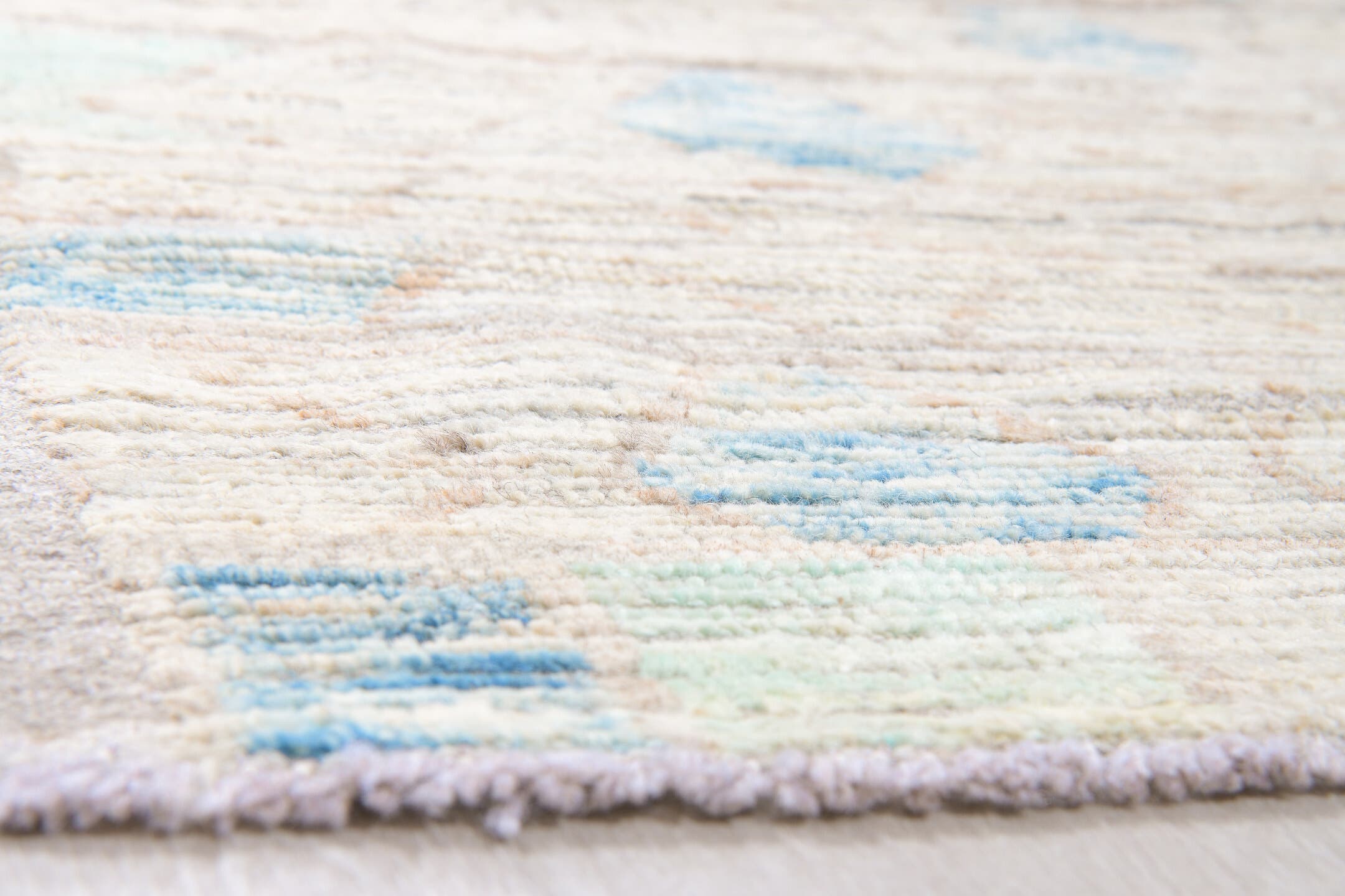 10' x 13' one-of-a-kind handmade vintage Tulu large size rug. Color palette: ivory, taupe, sky_blue, pale_aqua, gray, beige