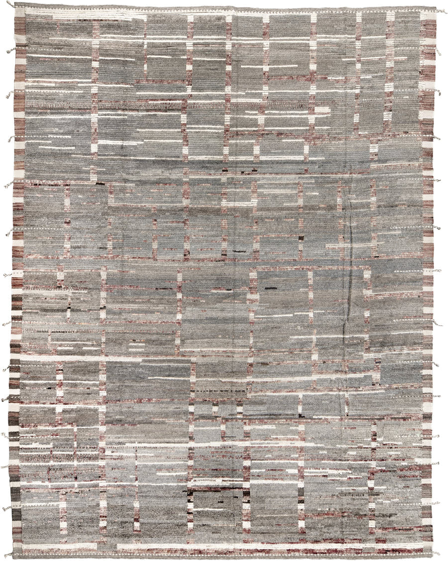 12' x 16' one-of-a-kind handmade vintage Tulu oversize rug. Color palette: gray, ivory, rose, charcoal, taupe, brown, pink