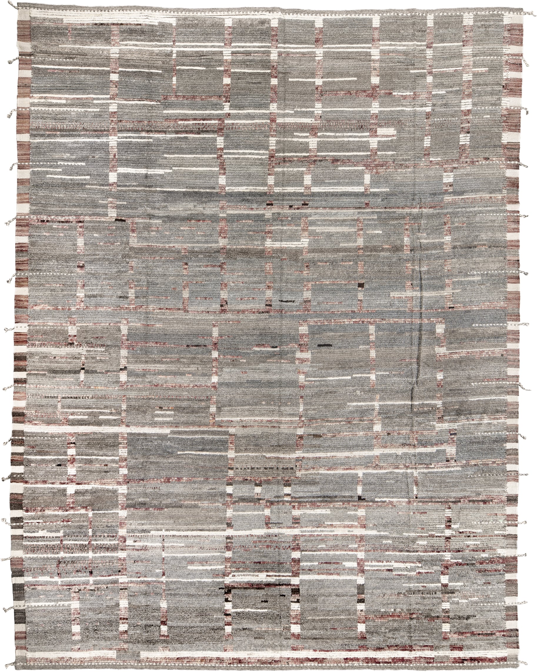 12' x 16' one-of-a-kind handmade vintage Tulu oversize rug. Color palette: gray, ivory, rose, charcoal, taupe, brown, pink