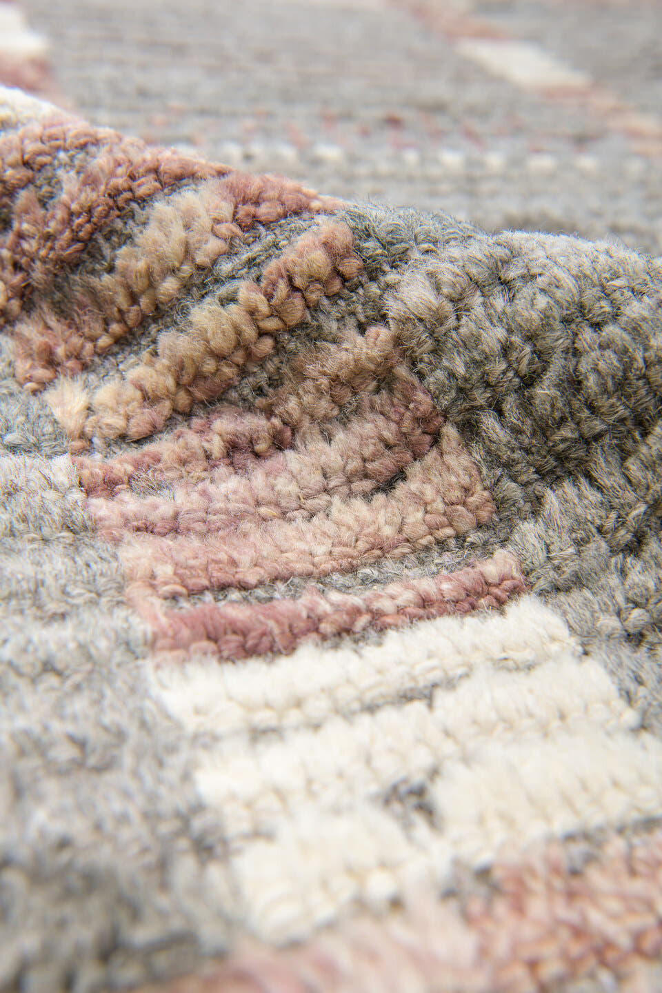 12' x 16' one-of-a-kind handmade vintage Tulu oversize rug. Color palette: gray, ivory, rose, charcoal, taupe, brown, pink