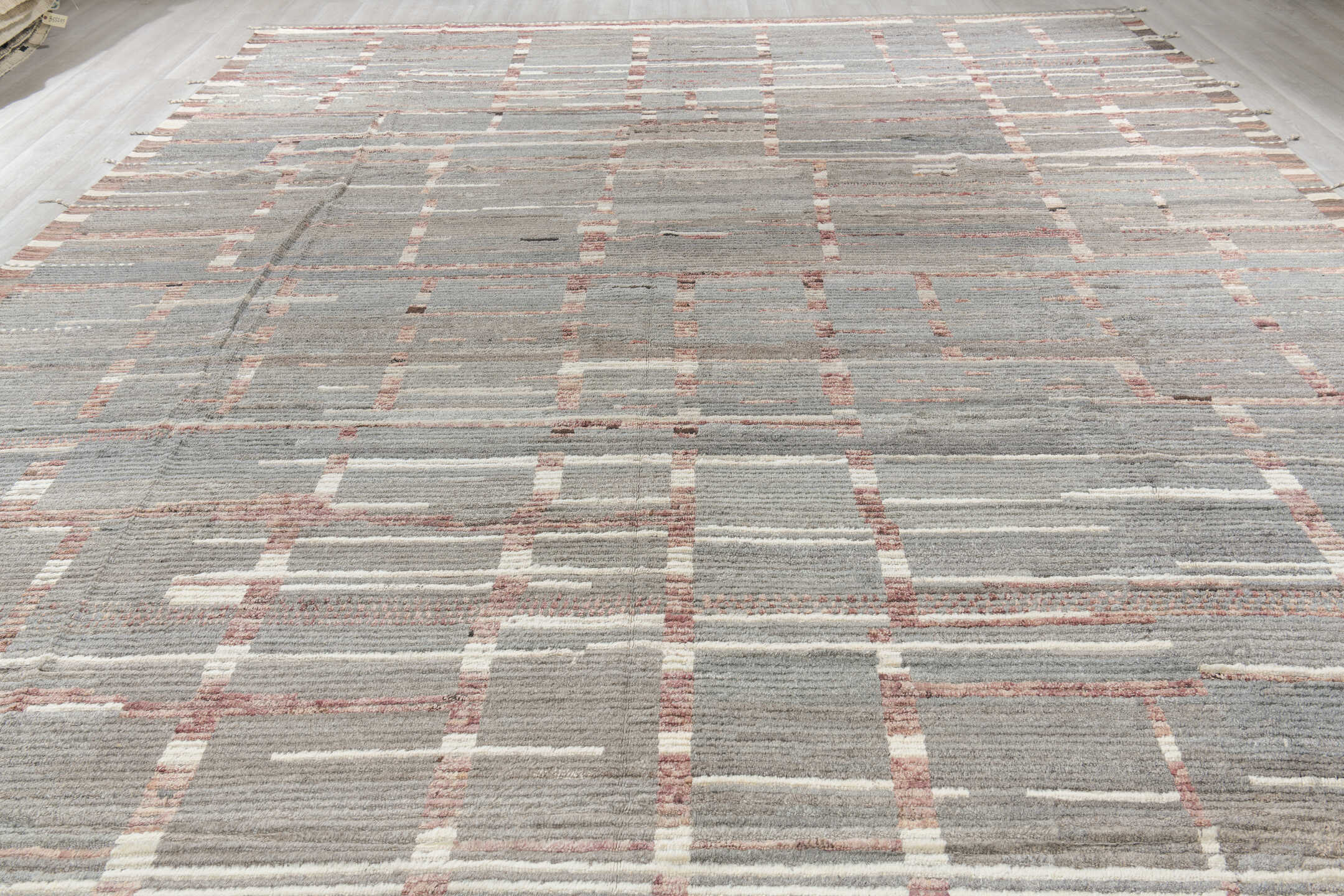 12' x 16' one-of-a-kind handmade vintage Tulu oversize rug. Color palette: gray, ivory, rose, charcoal, taupe, brown, pink
