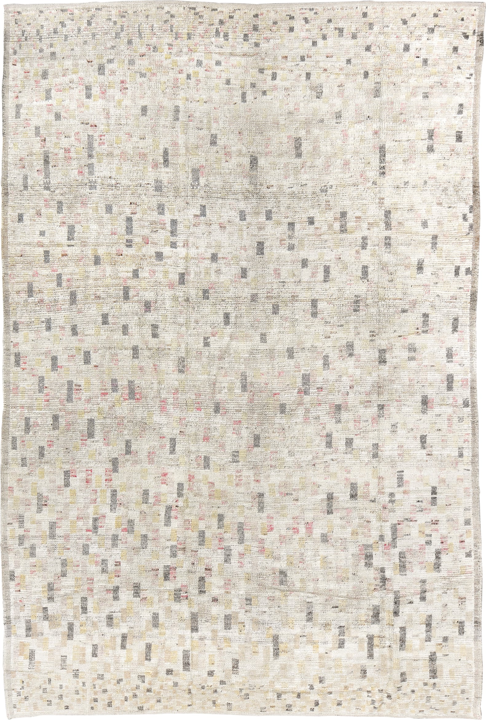 8' x 12' one-of-a-kind handmade vintage Tulu large size rug. Color palette: ivory, cream, charcoal, taupe, blush, pale_gold