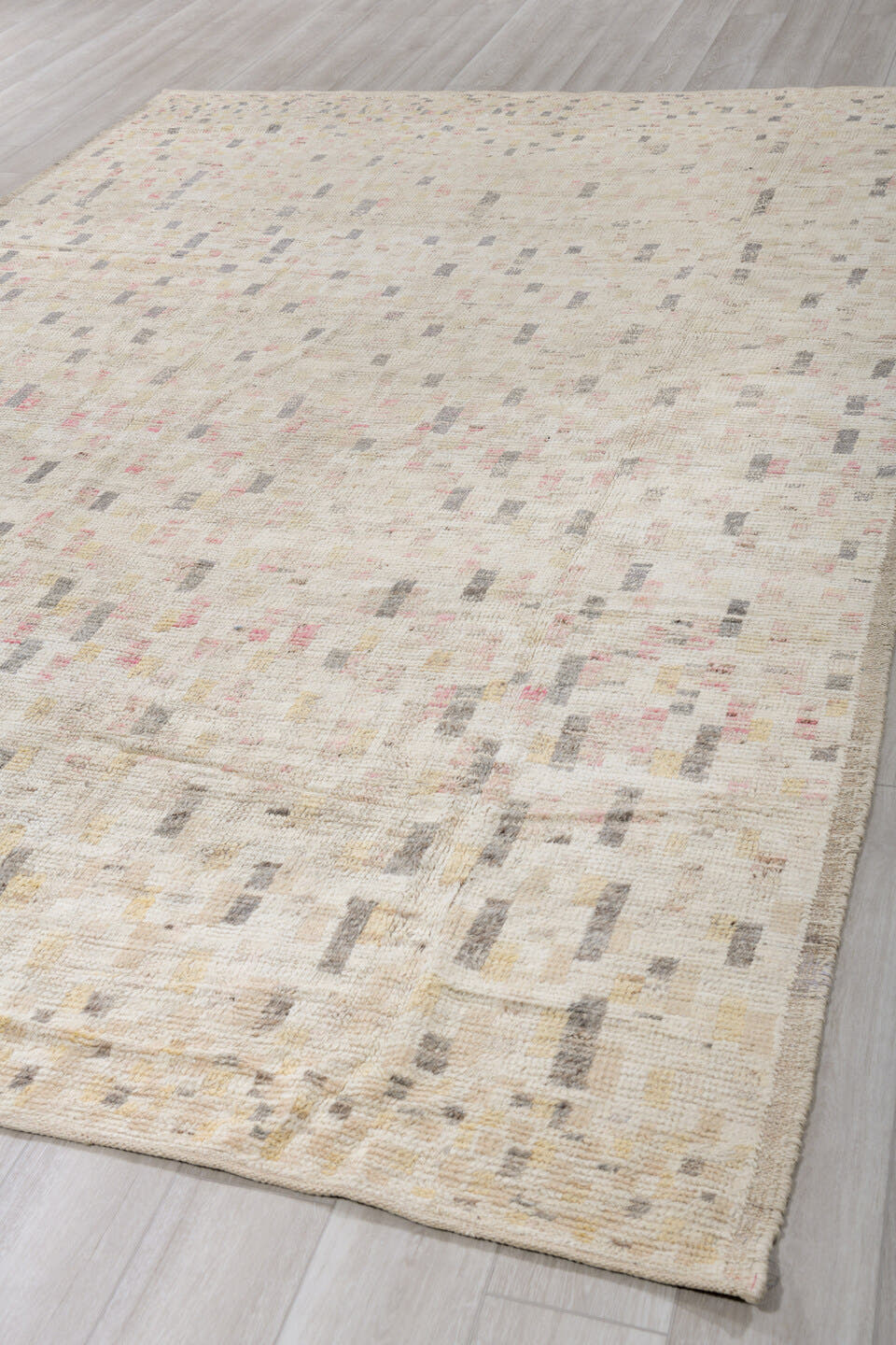 8' x 12' one-of-a-kind handmade vintage Tulu large size rug. Color palette: ivory, cream, charcoal, taupe, blush, pale_gold