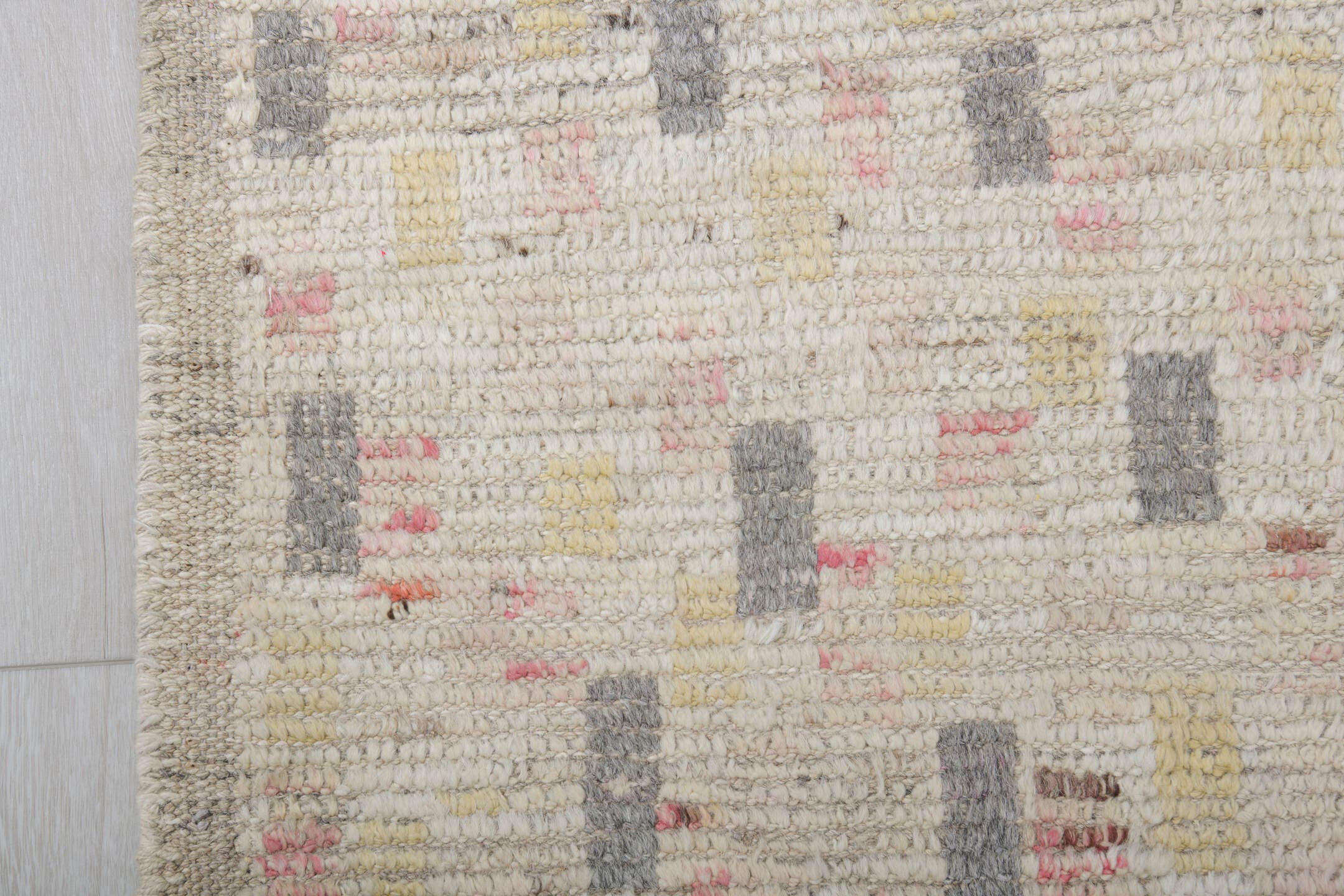 8' x 12' one-of-a-kind handmade vintage Tulu large size rug. Color palette: ivory, cream, charcoal, taupe, blush, pale_gold