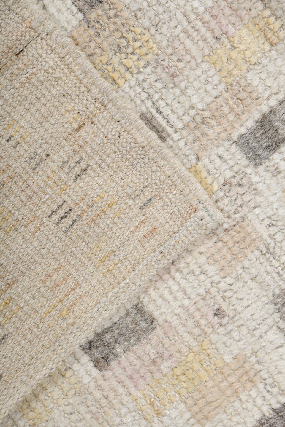 8' x 12' one-of-a-kind handmade vintage Tulu large size rug. Color palette: ivory, cream, charcoal, taupe, blush, pale_gold