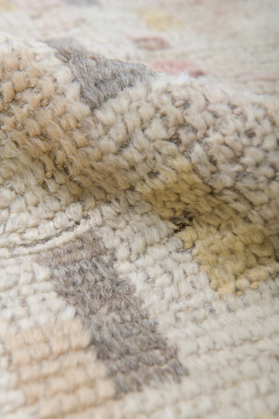 8' x 12' one-of-a-kind handmade vintage Tulu large size rug. Color palette: ivory, cream, charcoal, taupe, blush, pale_gold