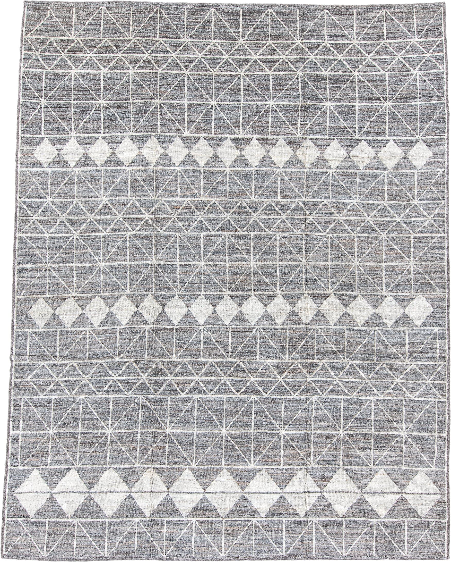 9' x 12' one-of-a-kind handmade vintage Tulu large size rug. Color palette: gray, ivory, taupe, charcoal, beige, black