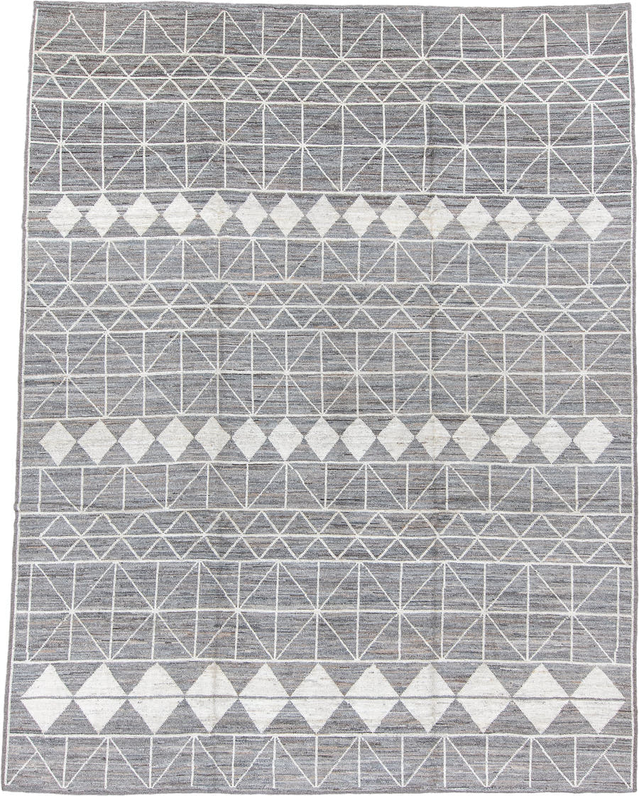 9' x 12' one-of-a-kind handmade vintage Tulu large size rug. Color palette: gray, ivory, taupe, charcoal, beige, black