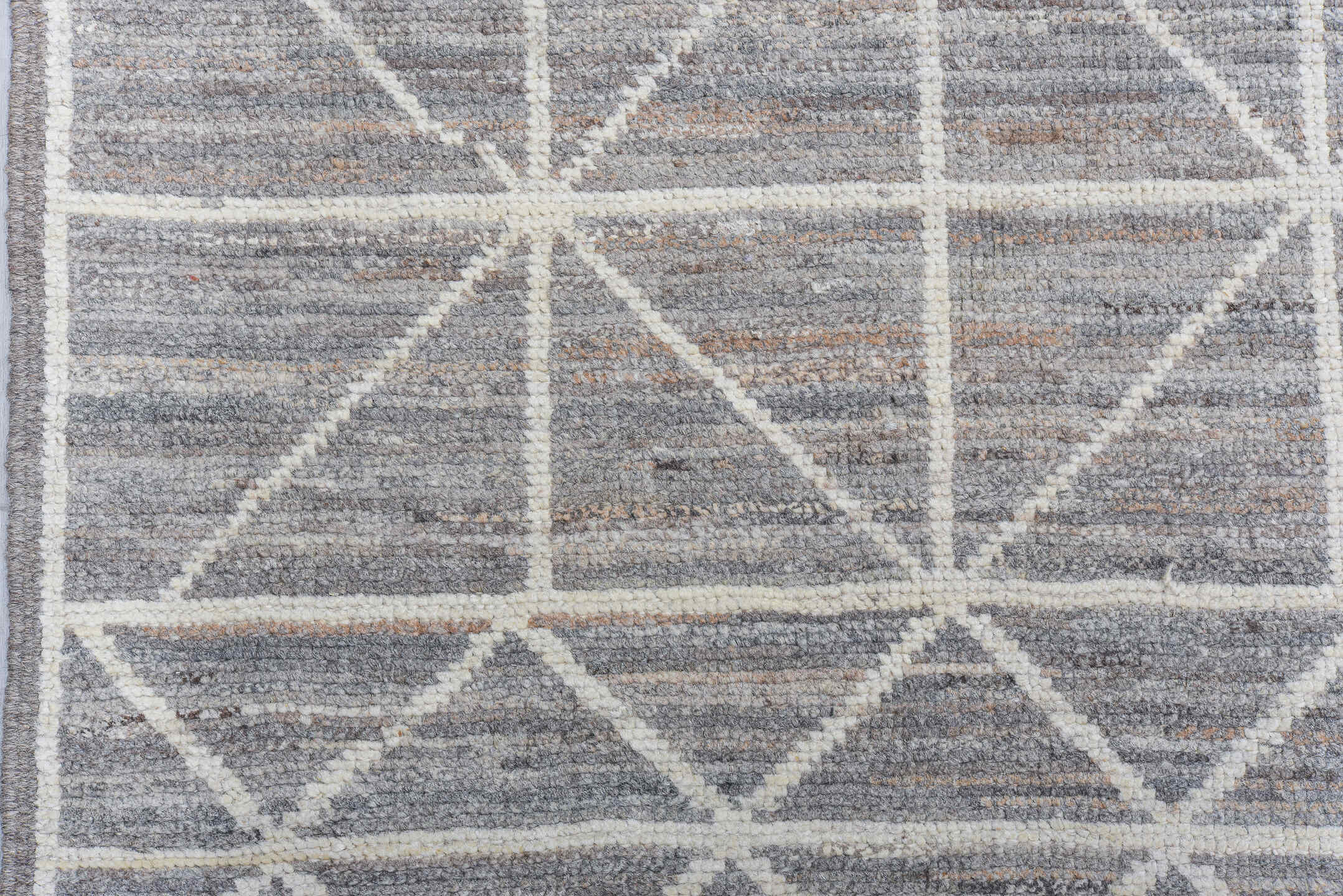 9' x 12' one-of-a-kind handmade vintage Tulu large size rug. Color palette: gray, ivory, taupe, charcoal, beige, black