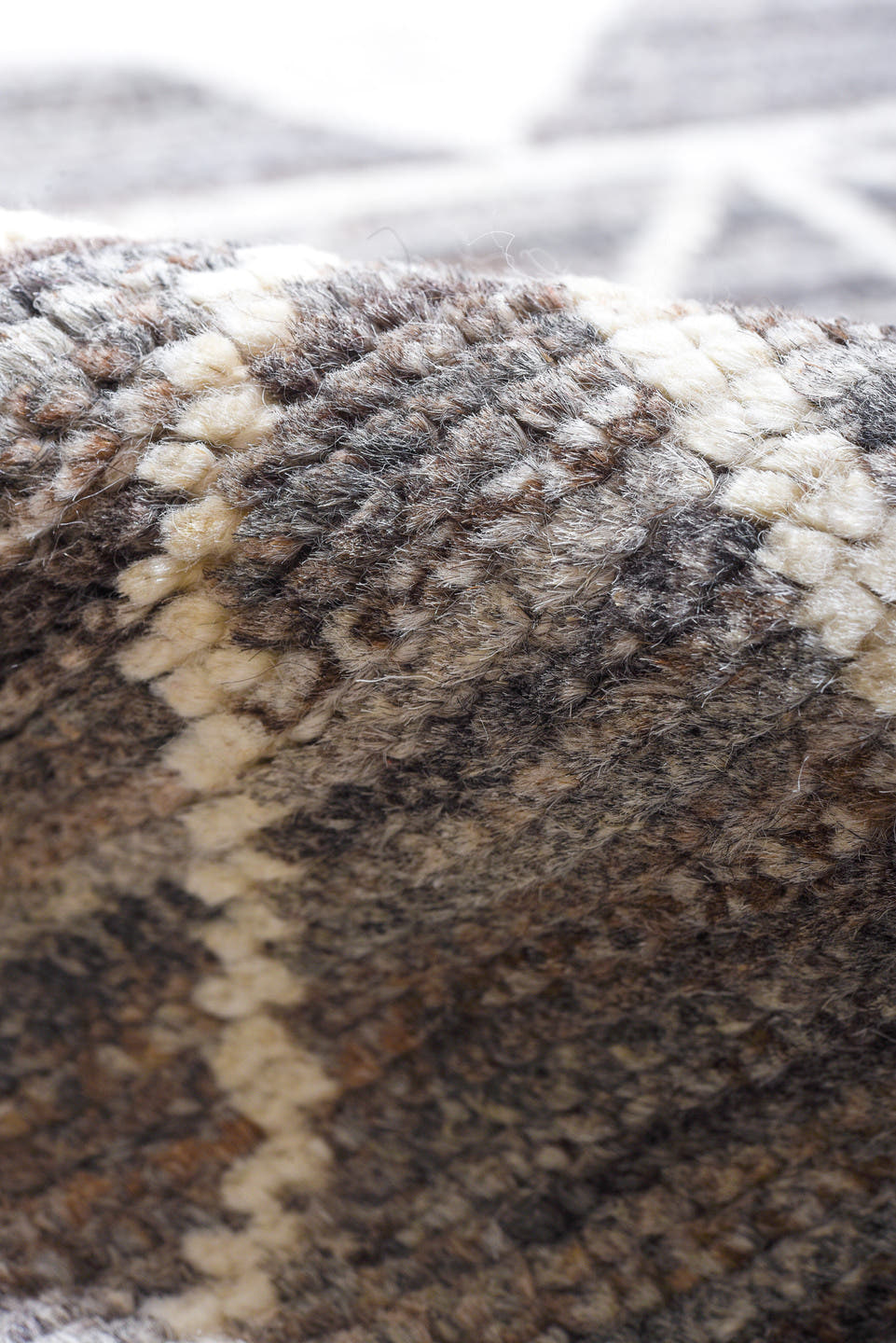9' x 12' one-of-a-kind handmade vintage Tulu large size rug. Color palette: gray, ivory, taupe, charcoal, beige, black