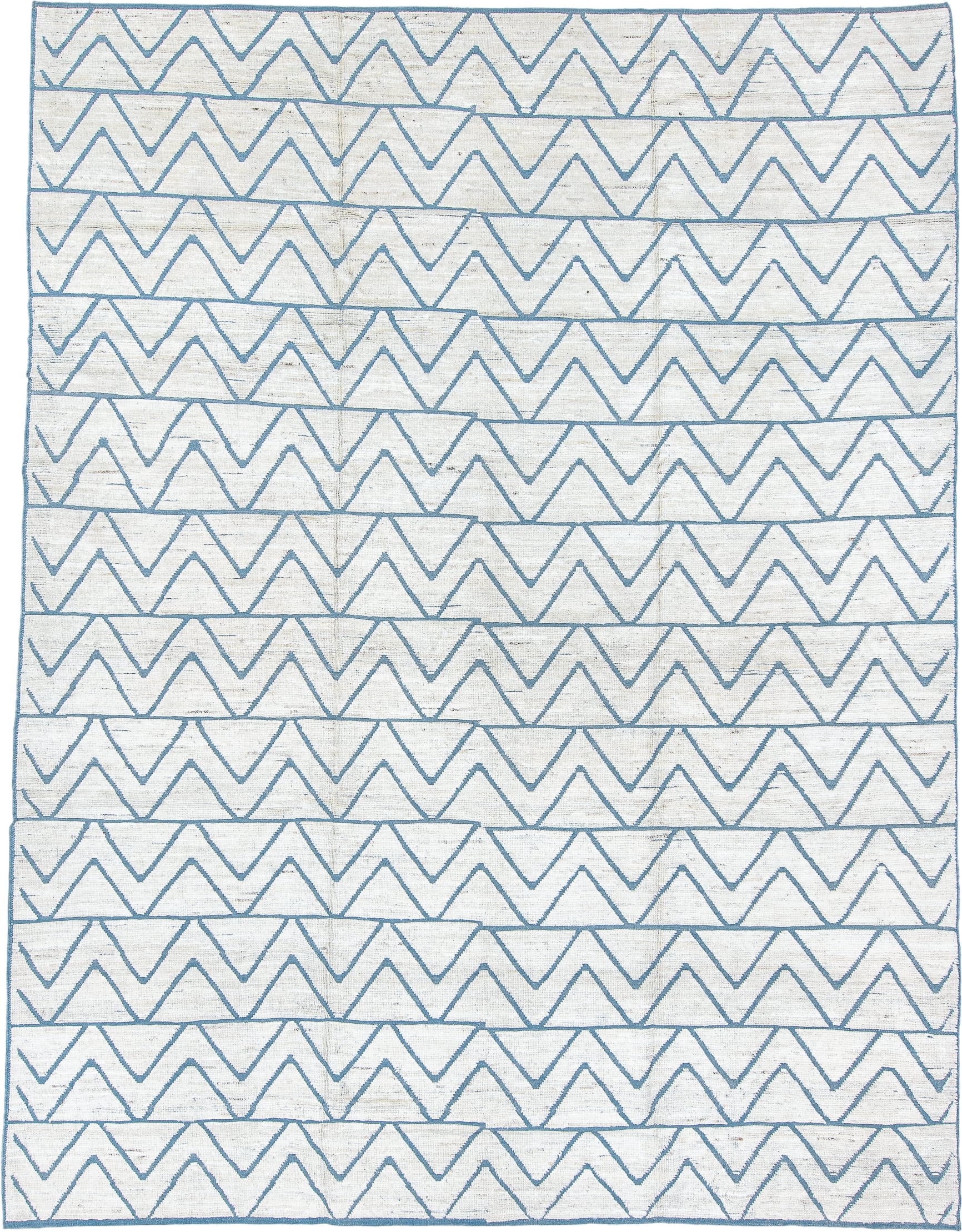 9' x 12' one-of-a-kind handmade vintage Tulu large size rug. Color palette: ivory, sky_blue, pale_blue, light blue
