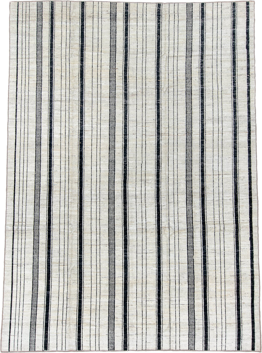8' x 12' one-of-a-kind handmade vintage Tulu large size rug. Color palette: ivory, charcoal, black, cream, gray