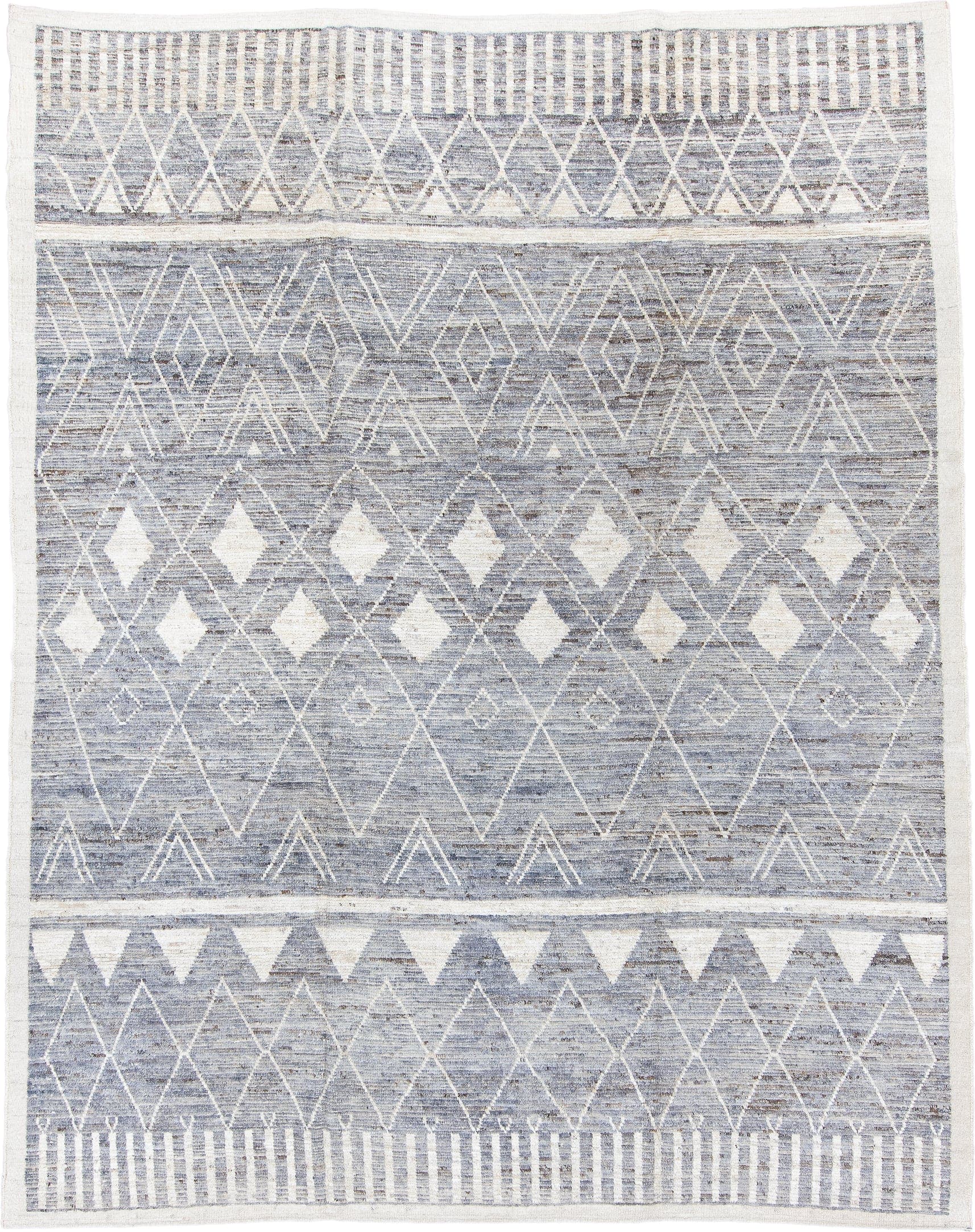 9' x 11' one-of-a-kind handmade vintage Tulu large size rug. Color palette: ivory, slate, pale blue, taupe, gray, light blue