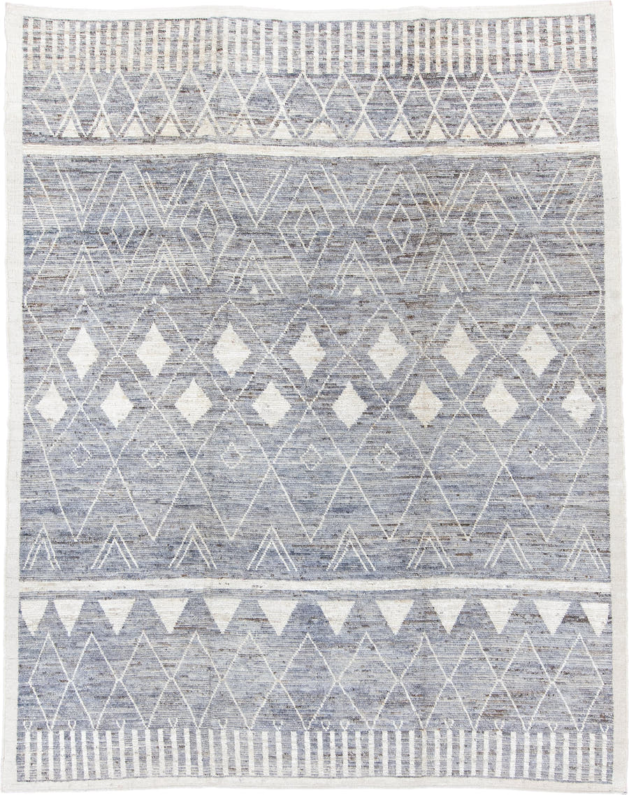 9' x 11' one-of-a-kind handmade vintage Tulu large size rug. Color palette: ivory, slate, pale blue, taupe, gray, light blue