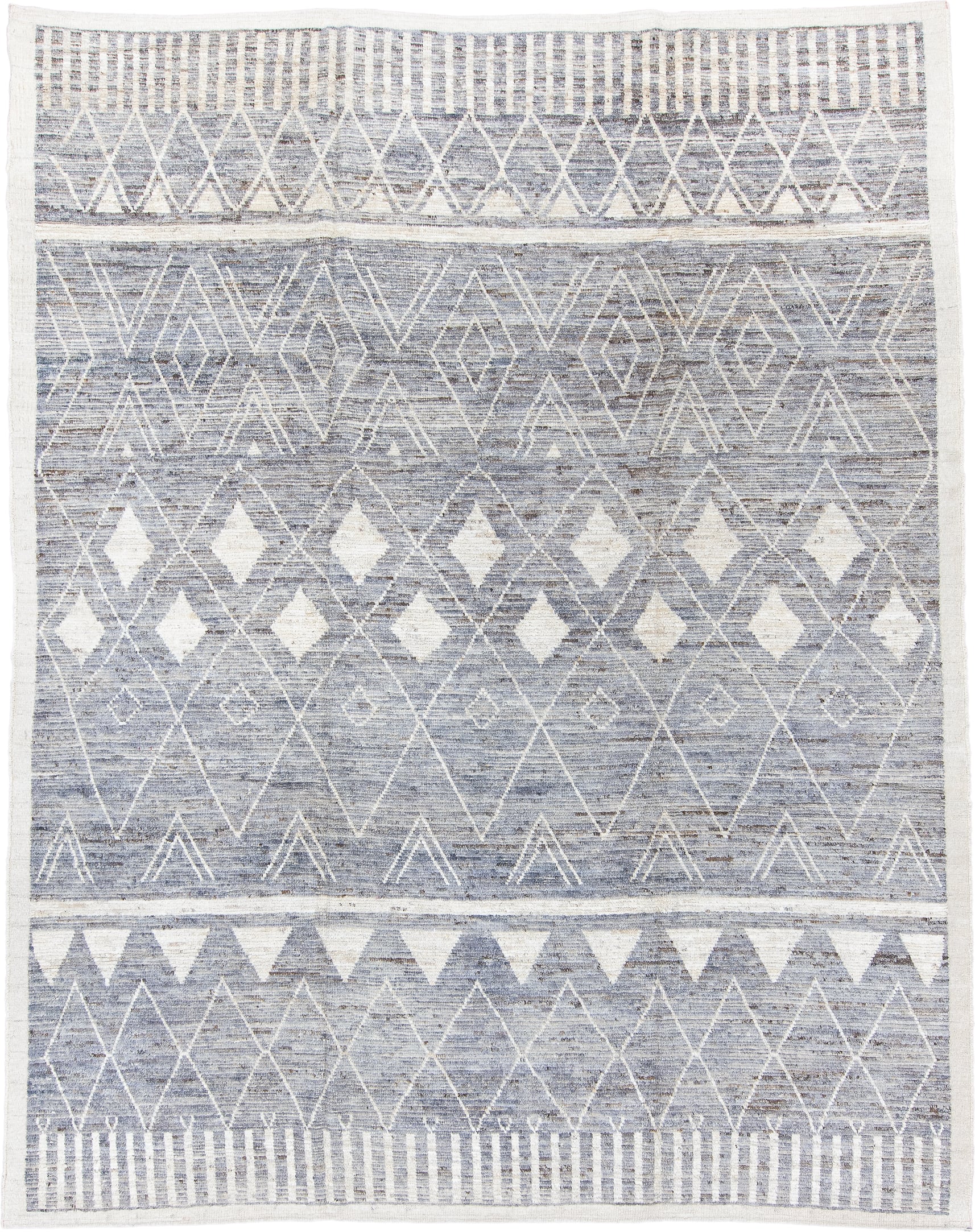 9' x 11' one-of-a-kind handmade vintage Tulu large size rug. Color palette: ivory, slate, pale blue, taupe, gray, light blue