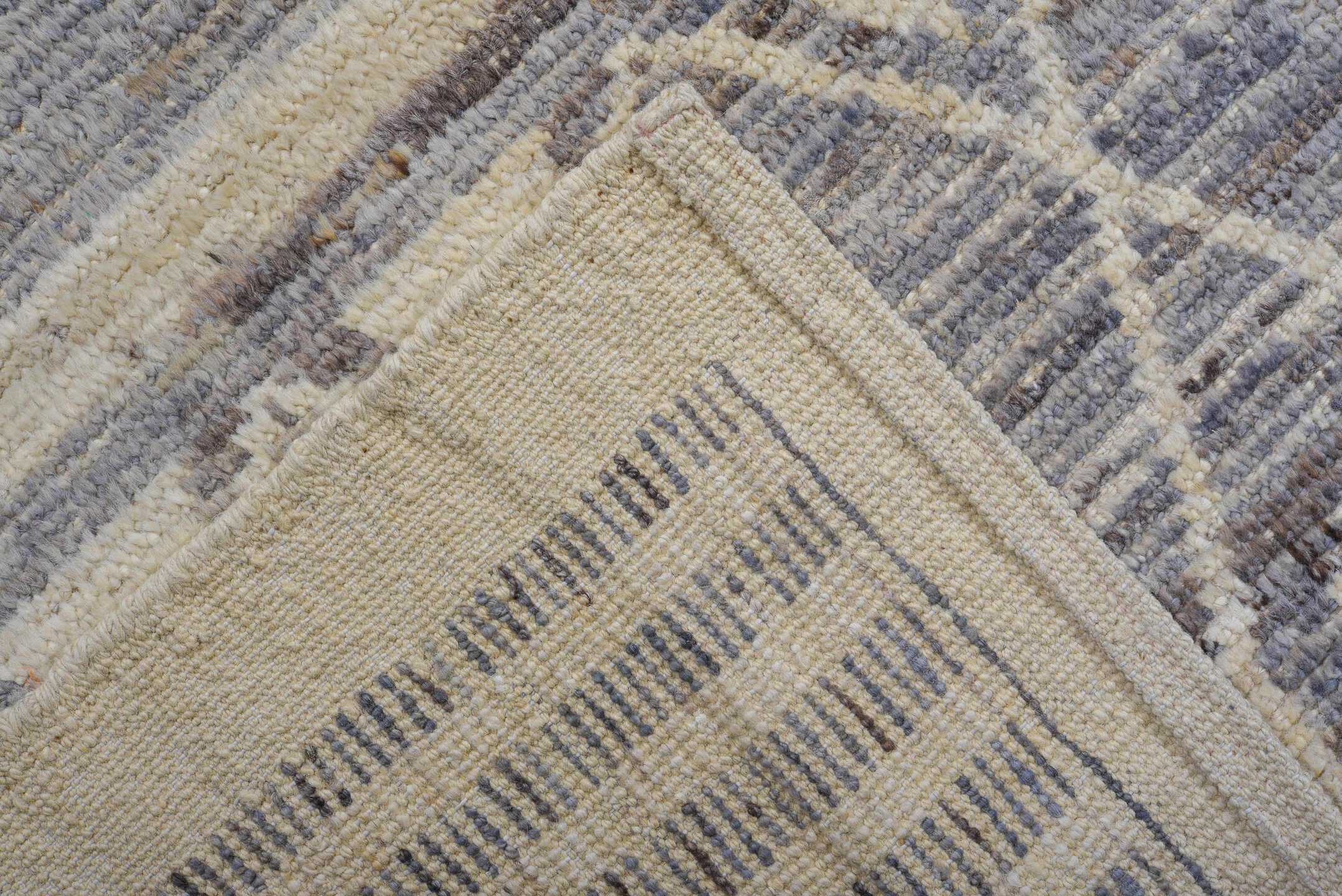 9' x 11' one-of-a-kind handmade vintage Tulu large size rug. Color palette: ivory, slate, pale blue, taupe, gray, light blue