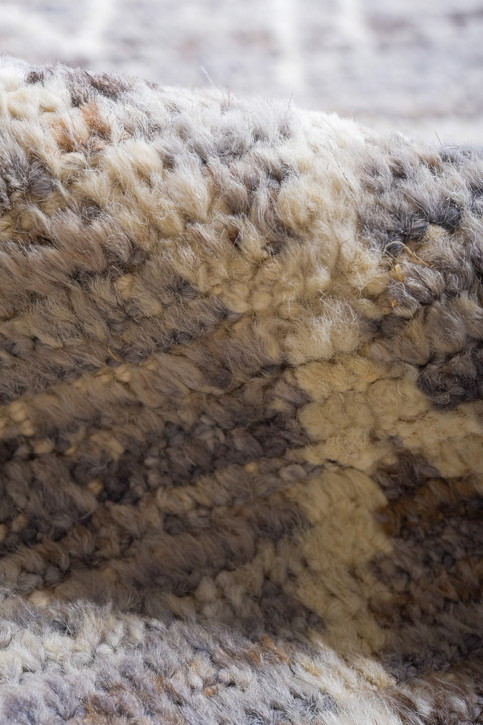 9' x 11' one-of-a-kind handmade vintage Tulu large size rug. Color palette: ivory, slate, pale blue, taupe, gray, light blue